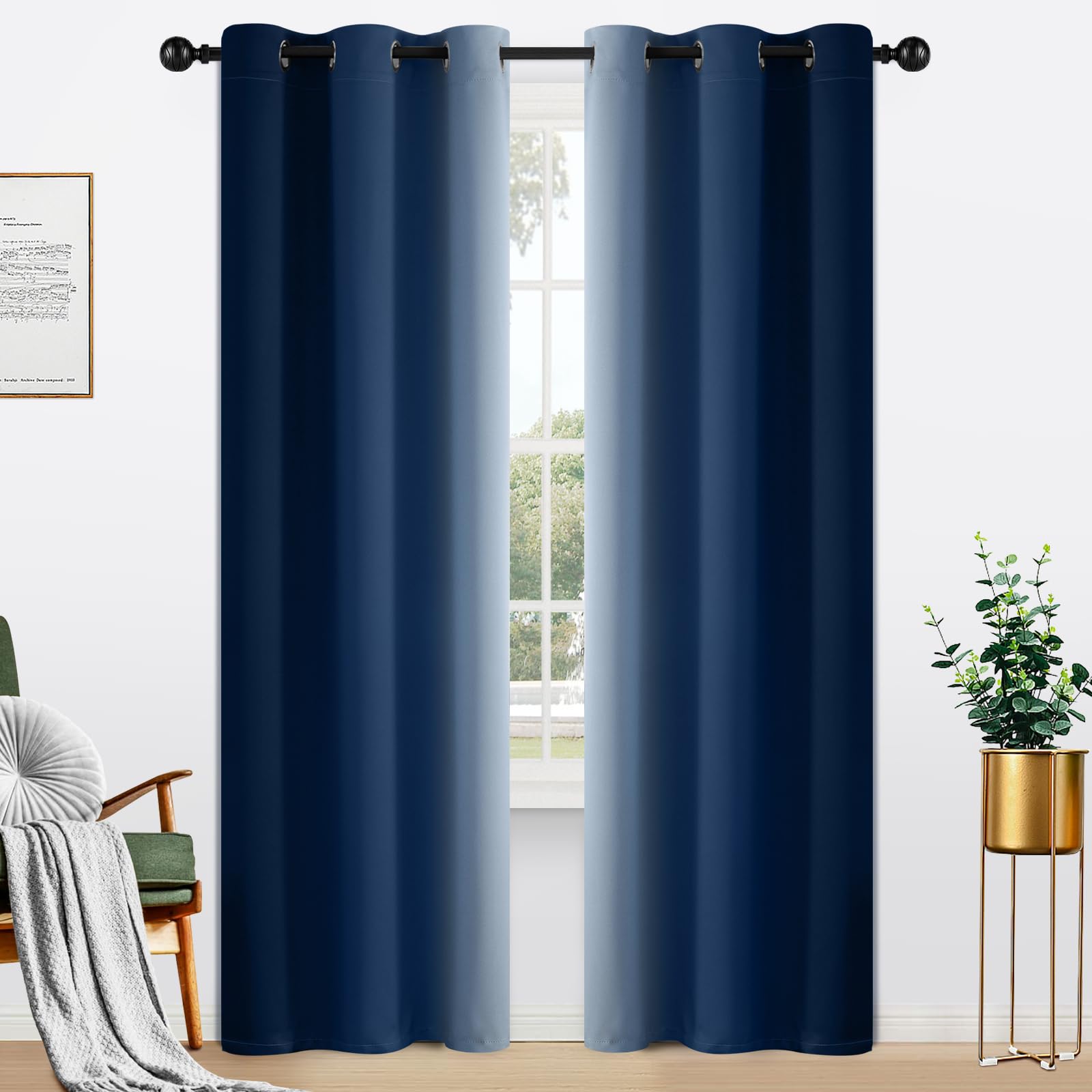 Yakamok Blue and Greyish White Ombre Curtains, Room Darkening Gradient Color Curtains for Bedroom, Light Blocking Thermal Insulated Window Drapes for Living Room(2 Panels, 52x84 Inch)
