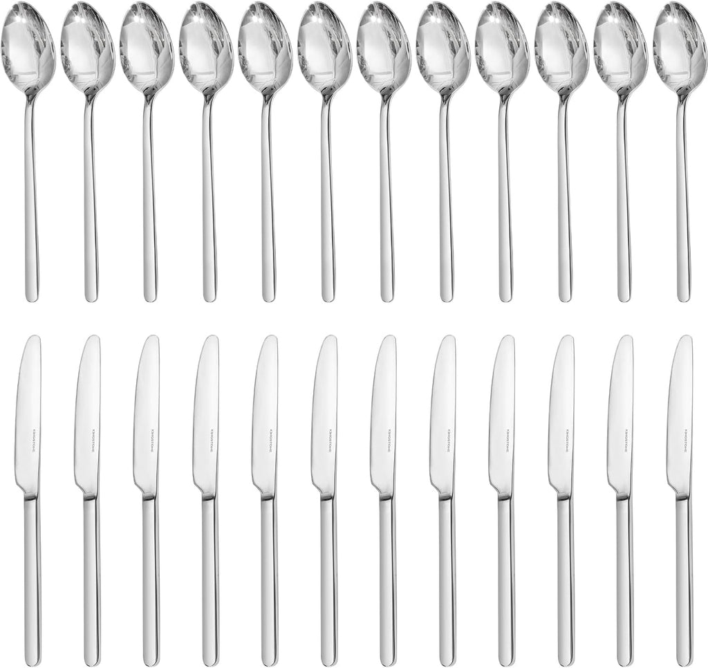KINGSTONE 8 Inch 18/10 Stainless Steel Spoon Dinner Spoons Set of 12 and 8.9-Inch Dinner Knives Set of 12, Spoons and Dinner Knives for Home, Kitchen, Weddings, Parties or Restaurant, Dishwasher Safe