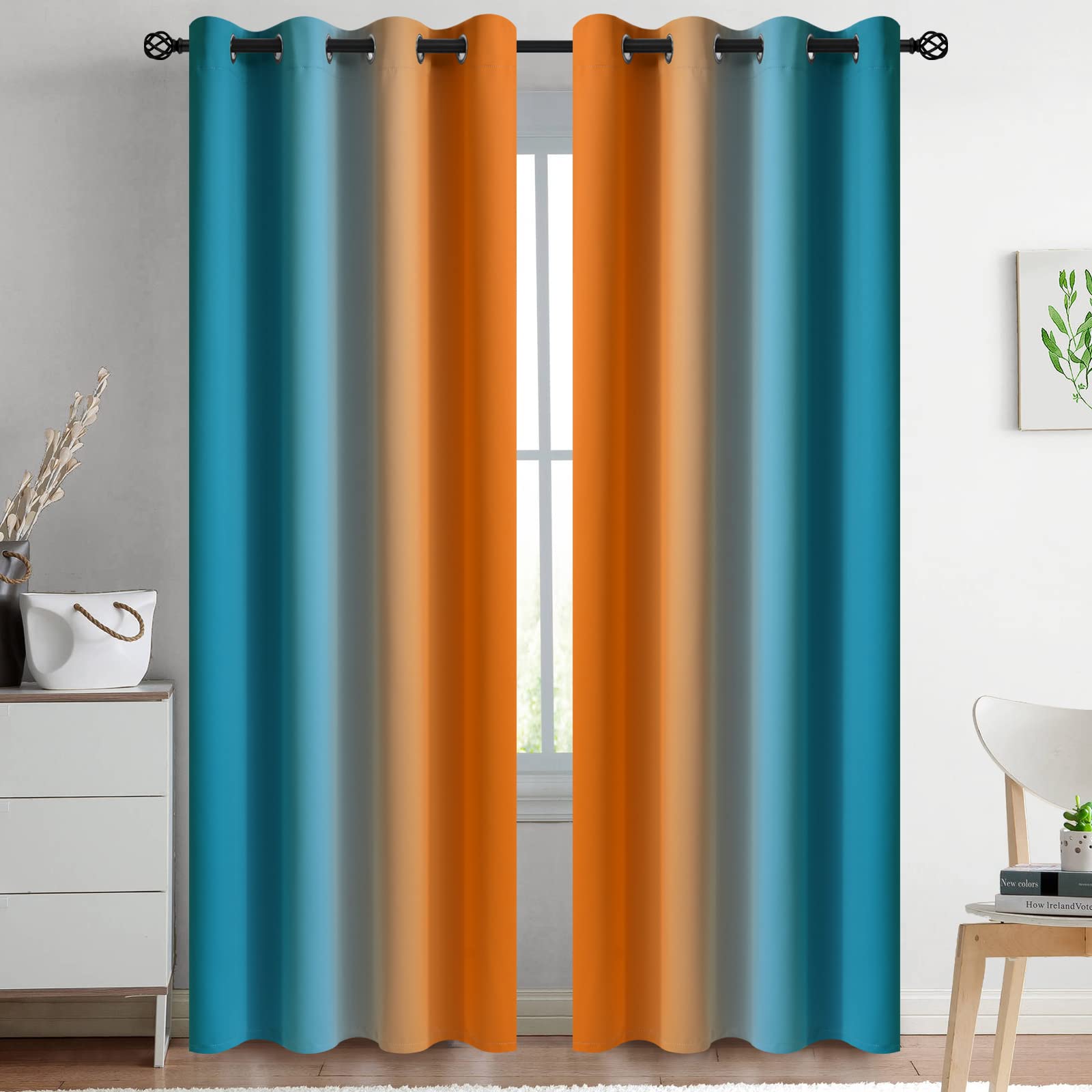 Yakamok Blue and Greyish White Ombre Curtains, Room Darkening Gradient Color Curtains for Bedroom, Light Blocking Thermal Insulated Window Drapes for Living Room(2 Panels, 52x84 Inch)