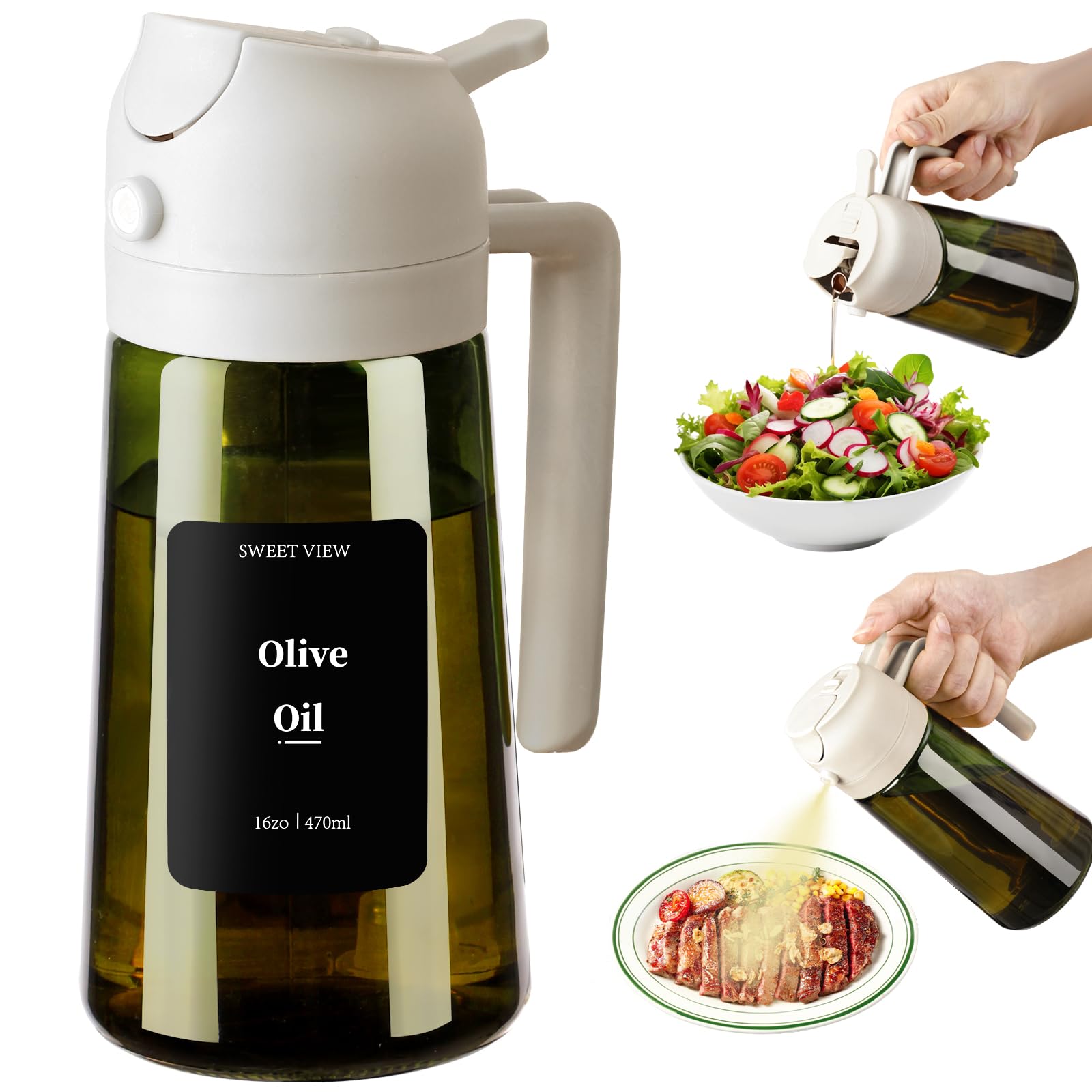 SWEET VIEW Olive Oil Dispenser and Oil Sprayer – 16oz/470ml Glass Light-Proof Oil Pourer for Kitchen, Air Fryer, Cooking, Salad, and BBQ
