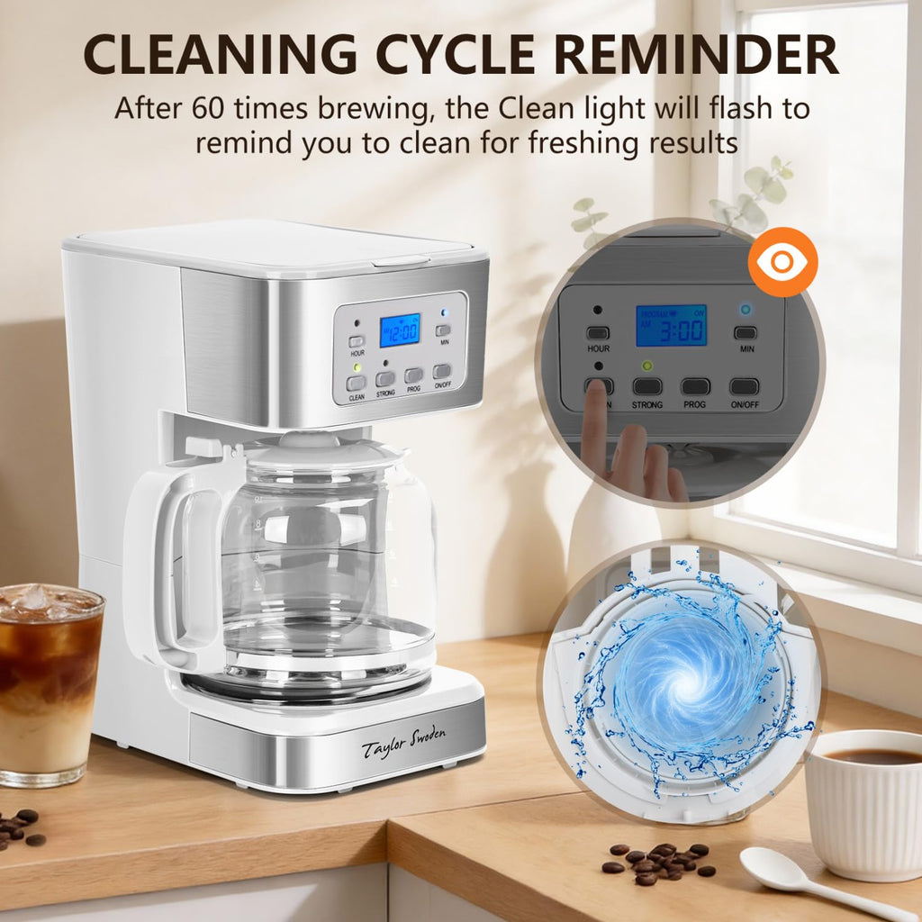 Taylor Swoden 12-Cup Programmable Coffee Maker, Regular & Strong Brew Drip Coffee Machine for Home and Office, Glass Carafe, Pause & Serve, Auto Shut Off, Black & Stainless Steel