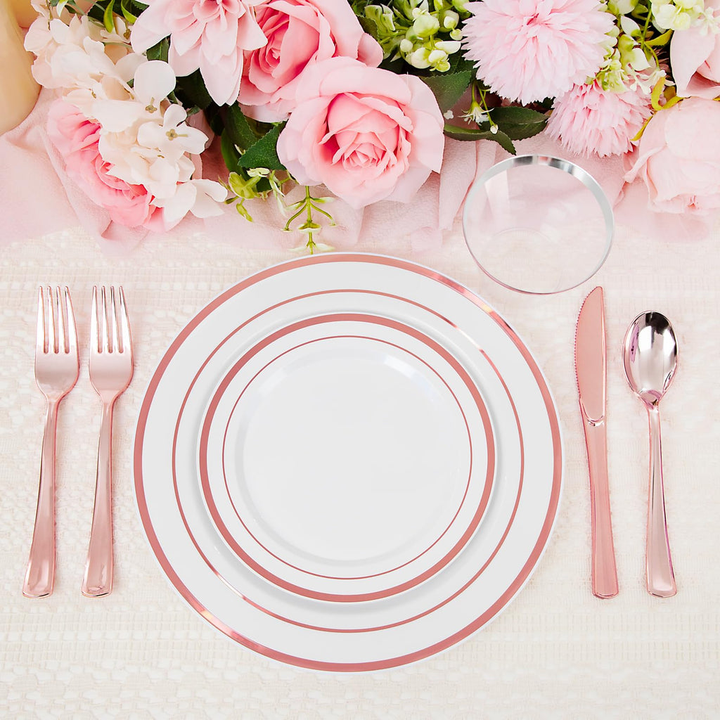 WELLIFE 600 PCS Silver Disposable Dinnerware Set for 100 Guests, Wedding Reception Plates & Silver Plastic Tableware, Dinner & Salad Plates, Cups, Forks, Knives & Spoons for Weddings & Elegant Events