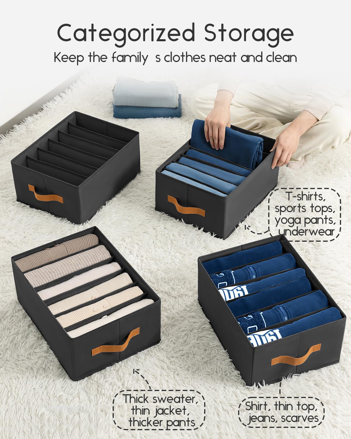 Homsorout Clothes Organizers and Storage - 4/5/7 Grids Fabric Jeans Organizer with Handles, Foldable Closet Organizers Dividers, Wardrobe organizer for Pant, Sweater, T-shirt, Scarf, 6 Pack, Beige