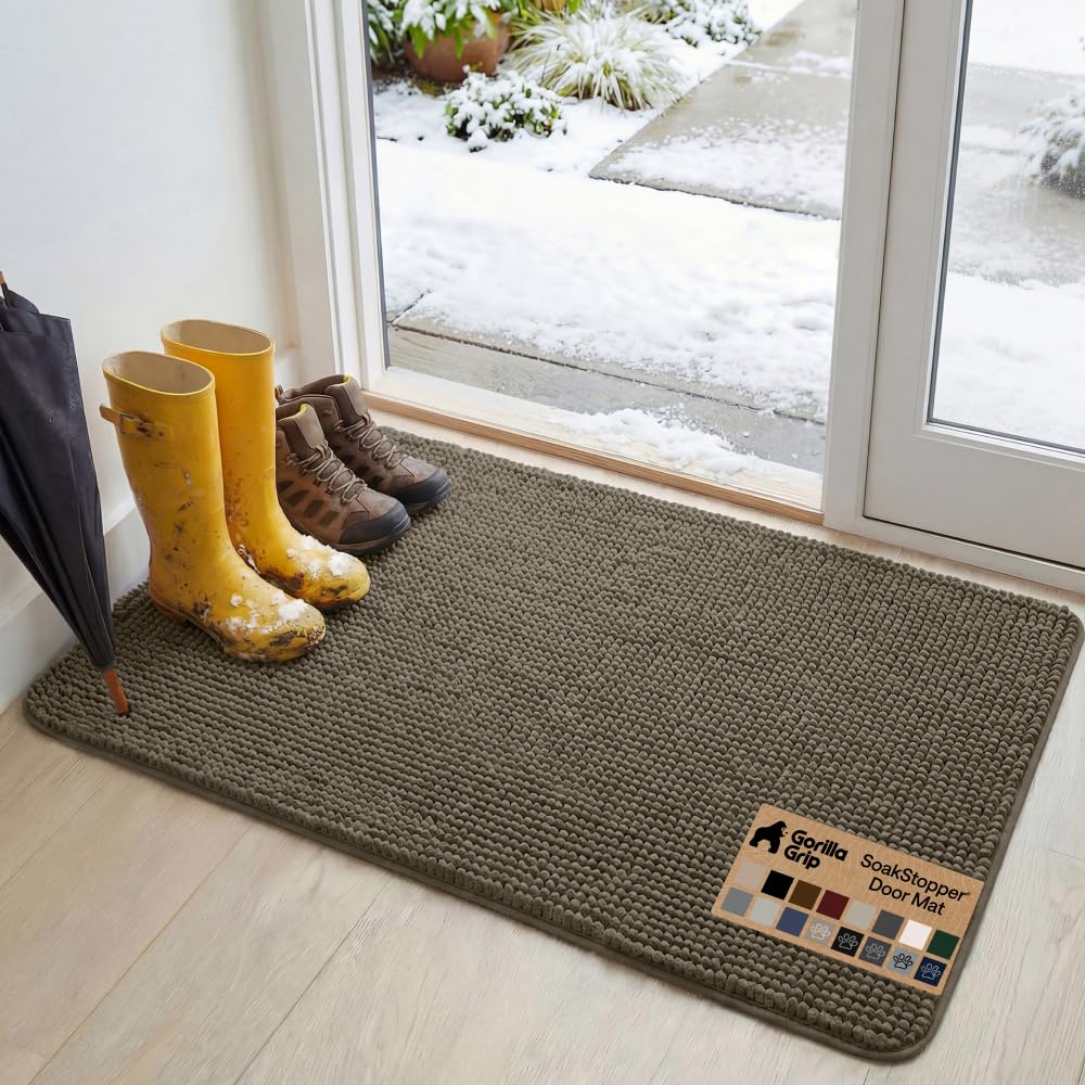 GORILLA GRIP SoakSTOPPER Dog Door Mat, Machine Washable Rug Absorbent Doormat Captures Moisture Mud Dirt, Quick Dry Soft Chenille Entryway Rugs Indoor Entrance Mats for Dog Paws, 24x17 Grey