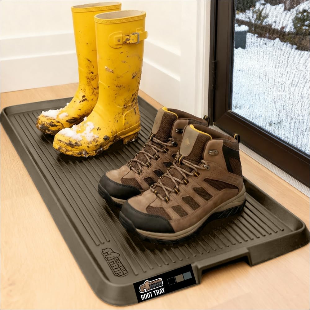 GORILLA GRIP Natural Rubber Indoor Outdoor Boot Tray for Shoes, 32x16, Waterproof Winter Mat with Raised Edges, Handles, Tear Resistant Heavy Duty Home Garage Floor Mats, Easy Clean Shoe Trays, Black