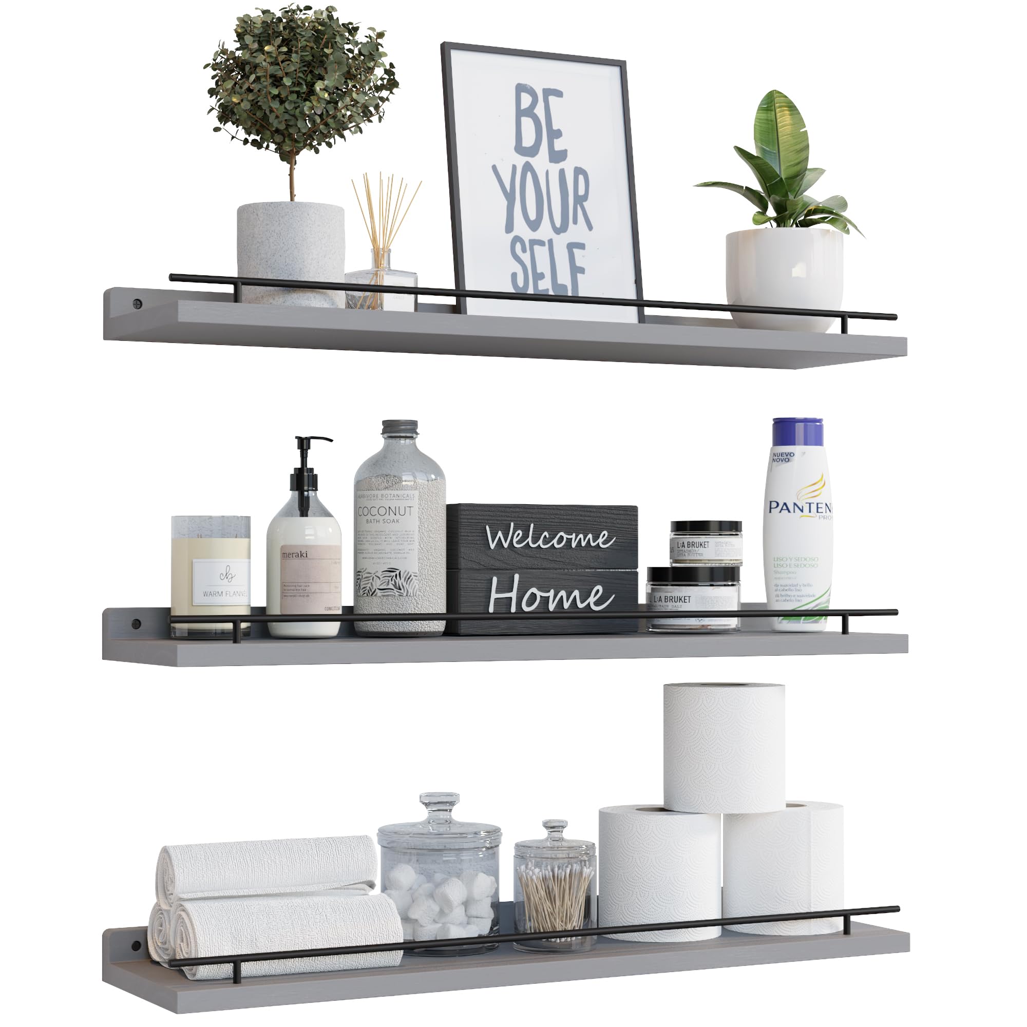 WOPITUES Floating Shelves with Black Metal Guardrail, Shelves for Wall Decor Set of 3, Wall Shelves for Bedroom, Bathroom, Kitchen, Living Room, Plants, Picture Frames, Art- Black