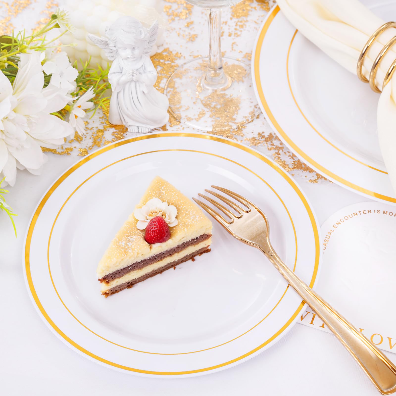 DaYammi 150pcs Gold Plastic Dinnerware Sets, Includes: 30 Gold Rim Dinner Plates, 30 Salad Plates, 30 Plastic Silverware Set, Perfect Fancy Disposable Plates for Party and Wedding