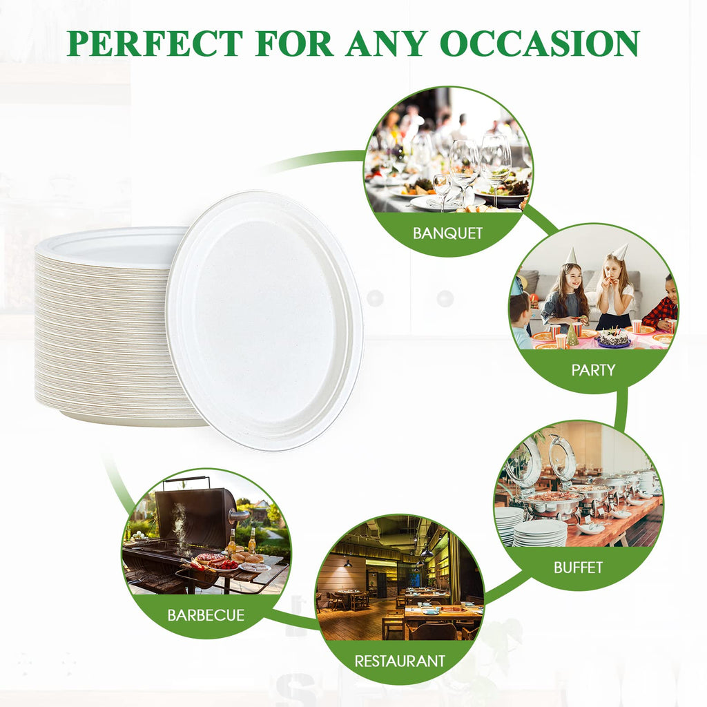 Vplus 100% Compostable Oval Paper Plates 12 inch 120 Pack Super Strong Disposable Dinner Plates Natural Biodegradable Eco-Friendly Sugarcane Plates for BBQ, Party, Gathering, and Picnic