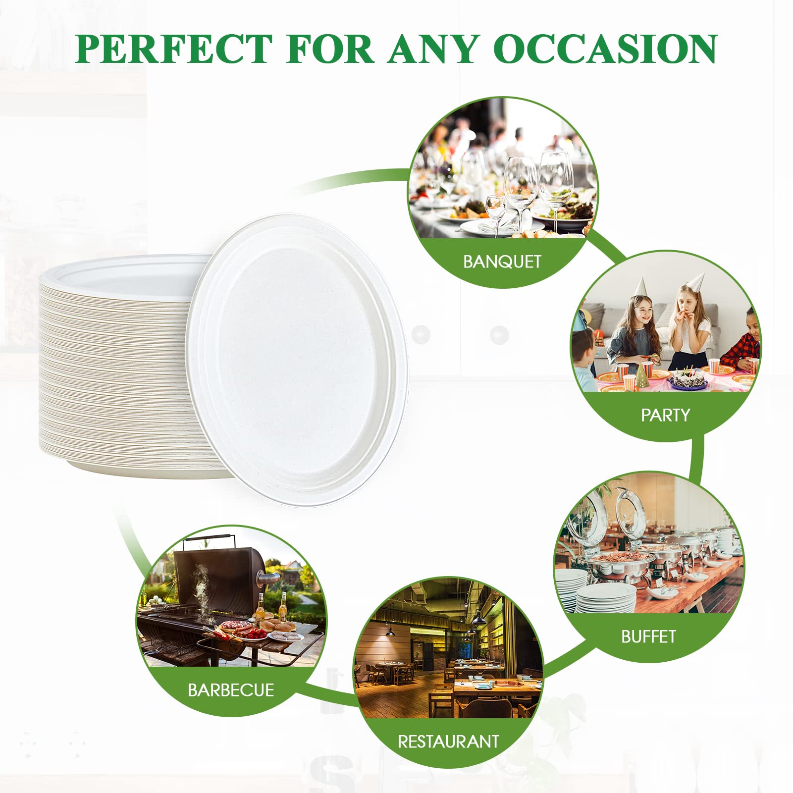 Vplus 100% Compostable Oval Paper Plates 12 inch 125 Pack Super Strong Disposable Paper Plates Bagasse Natural Biodegradable Eco-Friendly Sugarcane for BBQ, Party, Dinner, and Picnic