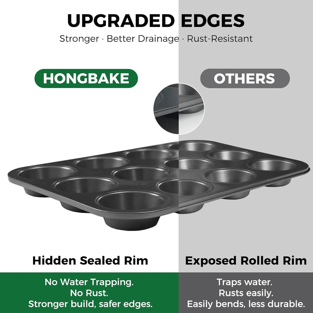 HONGBAKE Muffin Pan for Baking, Nonstick Cupcake Tin 12 Cup, 4 Pack Cup Cake Tray, Premium Cheesecake Pans, Dishwasher Safe - Dark Grey