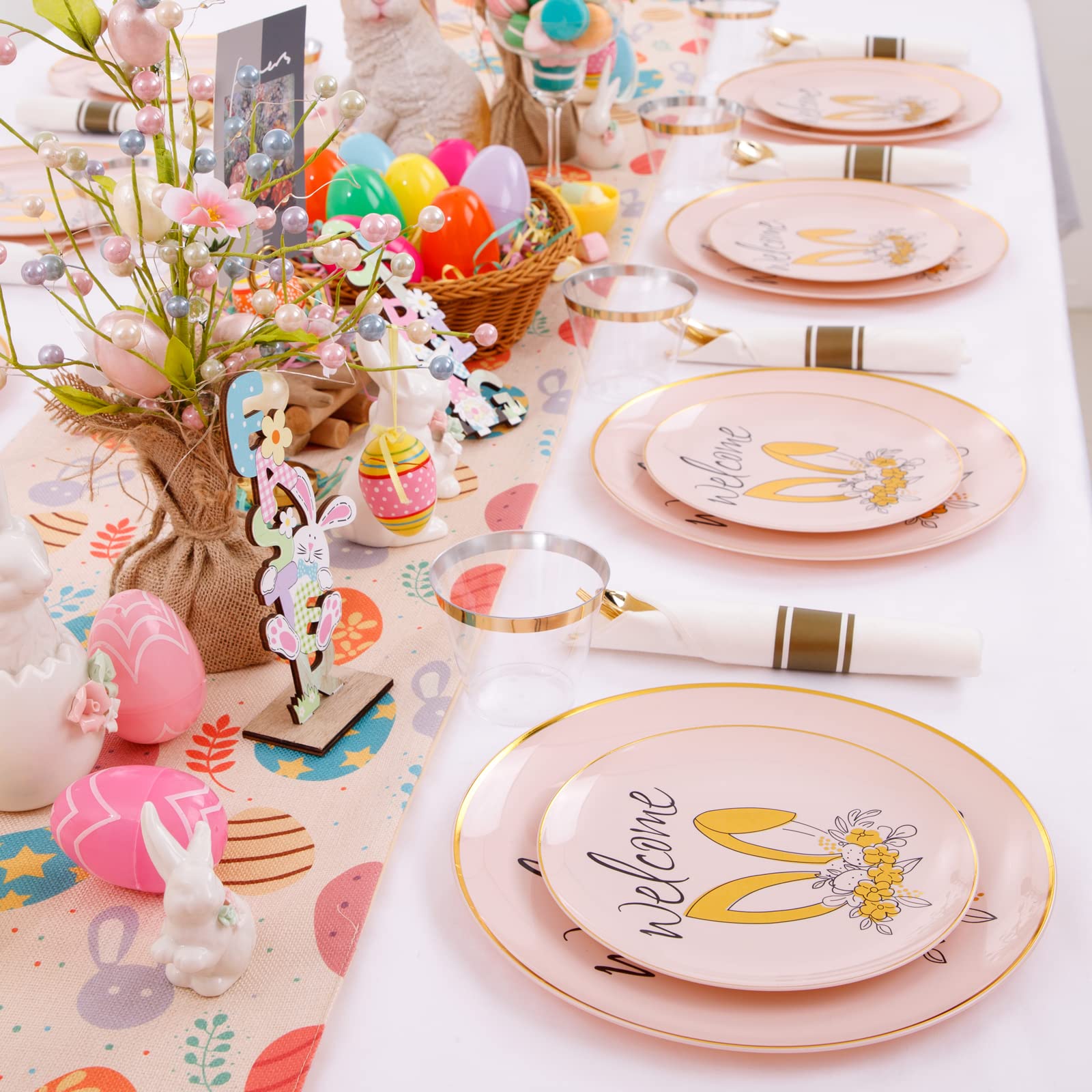 DaYammi 210Pcs White Gold Plastic Plates for Party,Gold Disposable Dinnerware Set Includes 60 gold Floral Plates,30 Plastic Silverware,30 Per Rolled Napkins,30 Cups for Mother's Day Party Wedding