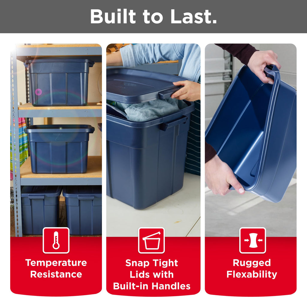 Rubbermaid Roughneck Tote 14 Gal, 6 Pack, Made in USA, Dark Indigo Metallic, Rugged Plastic Stackable Storage Bins with Lids and Handles