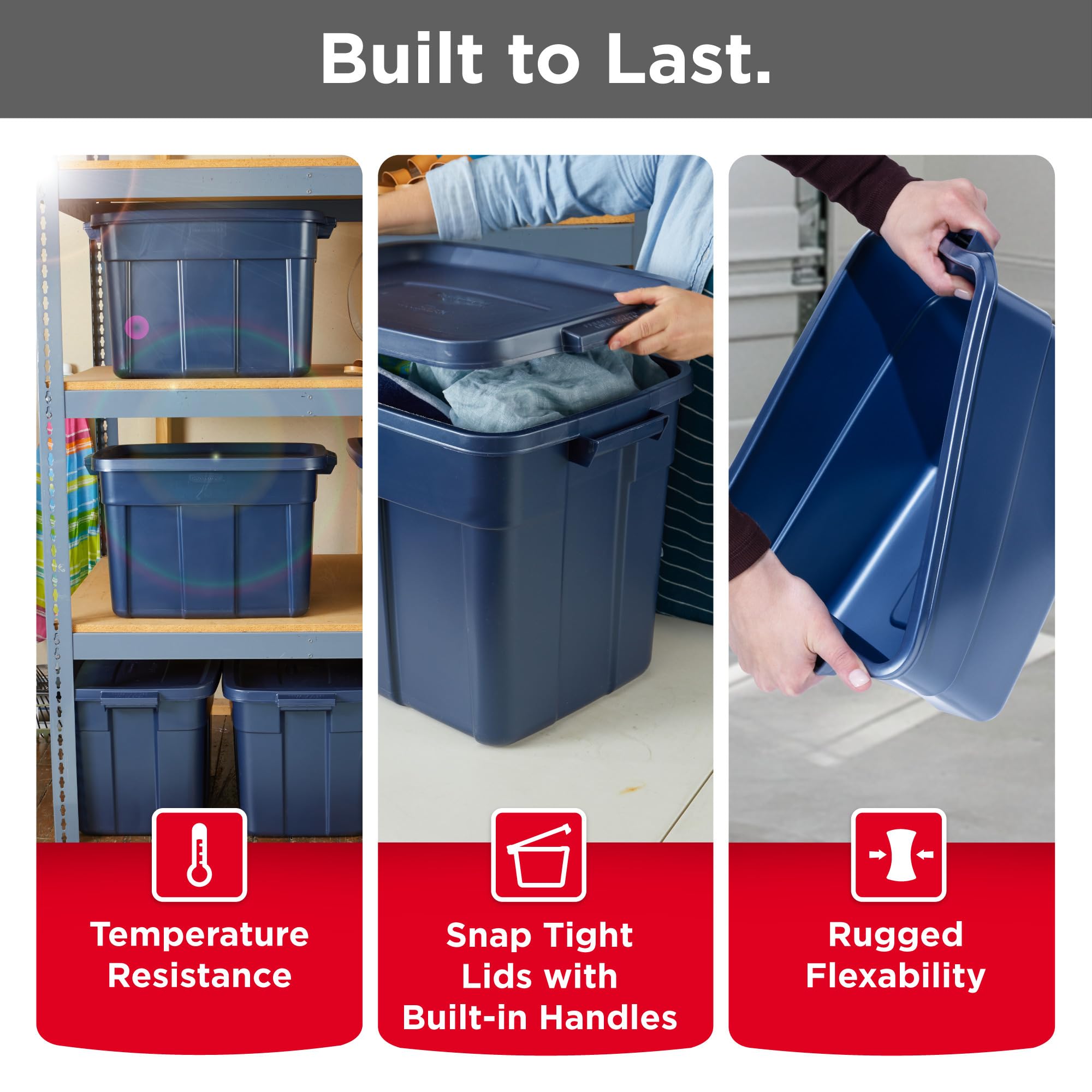 Rubbermaid Roughneck Tote 14 Gal, 6 Pack, Made in USA, Dark Indigo Metallic, Rugged Plastic Stackable Storage Bins with Lids and Handles