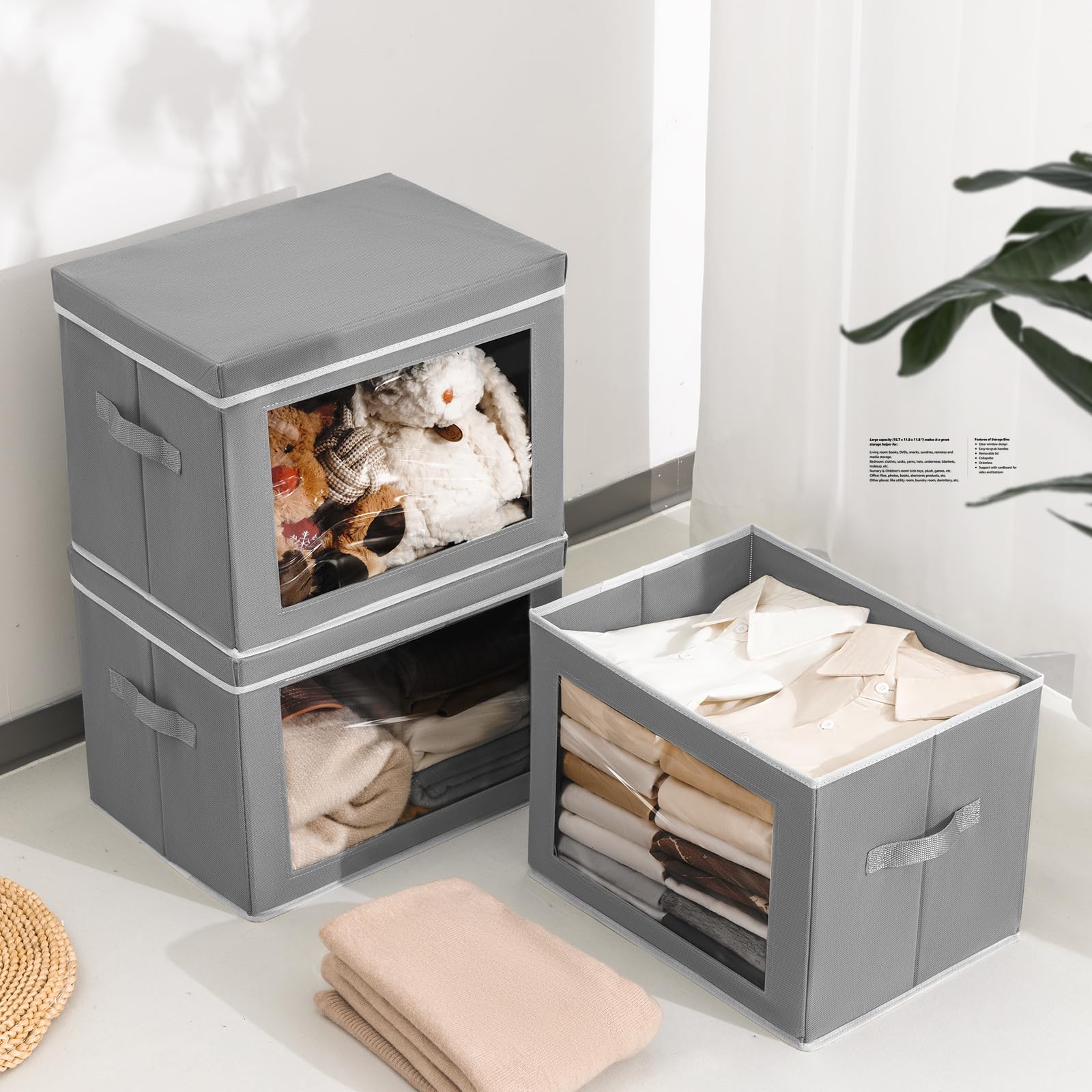 Homsorout Storage Bins with Lids - Fabric Storage Boxe with Window, Collapsible Closet Organizers with Handles, 3 Pack Decorative Bin, Home Cubes Baskets for Clothes, Hat, Books, Dark Grey
