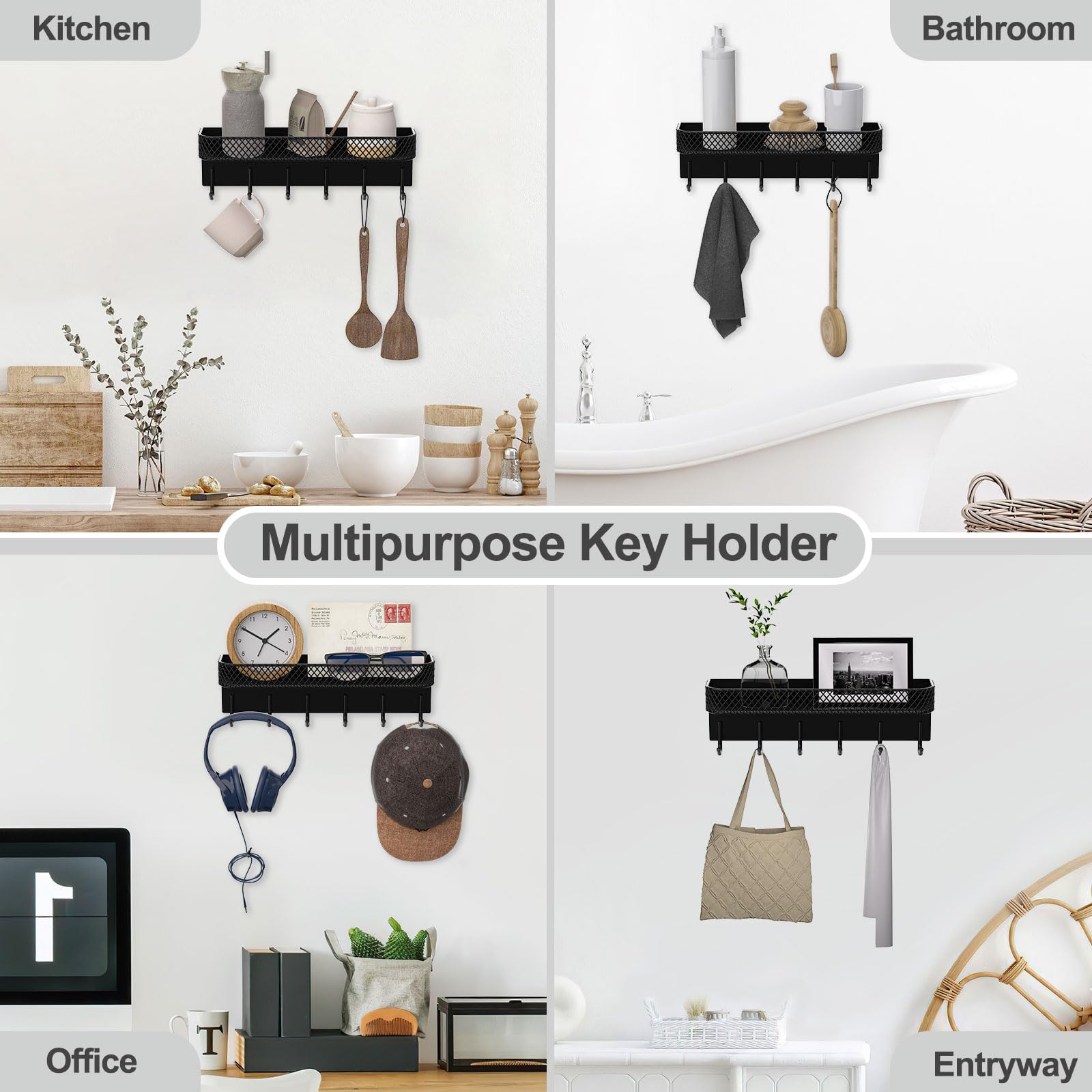 Key Holder for Wall – Decorative Stainless Steel Key Hanger with 6 Hooks for Hats, Bags, Leashes – Mail Holder Key Rack with Mounting Hardware and Guide (9.65” x 2.8” x 2.2”) (Black)