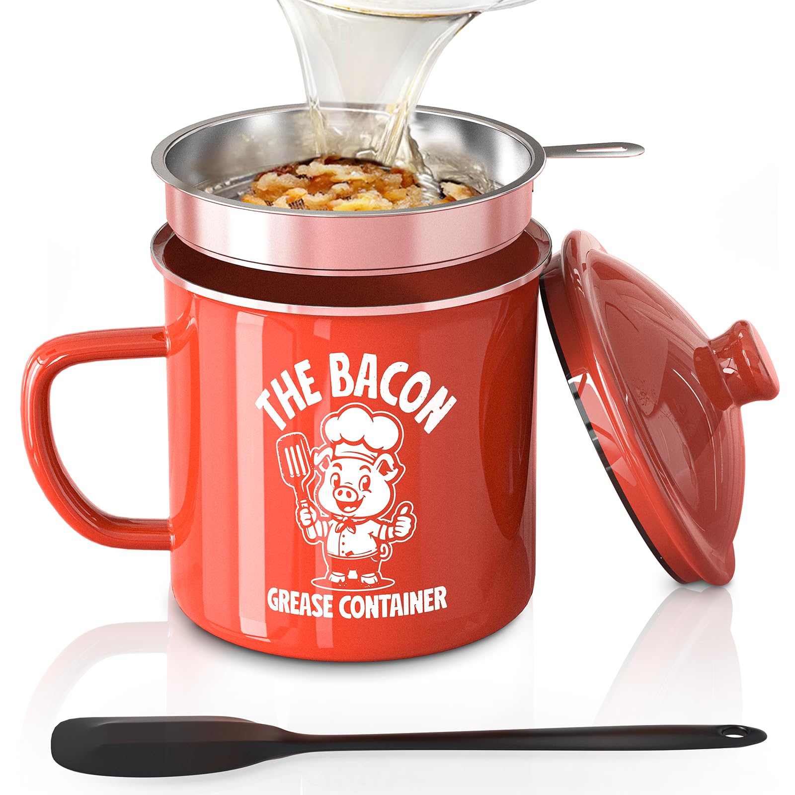 PGYARD Mini Bacon Grease Saver With Strainer - 15OZ Enamel Grease Container, Farmhouse Bacon Grease Keeper For Kitchen Fat Storage, Dishwasher Safe-Red