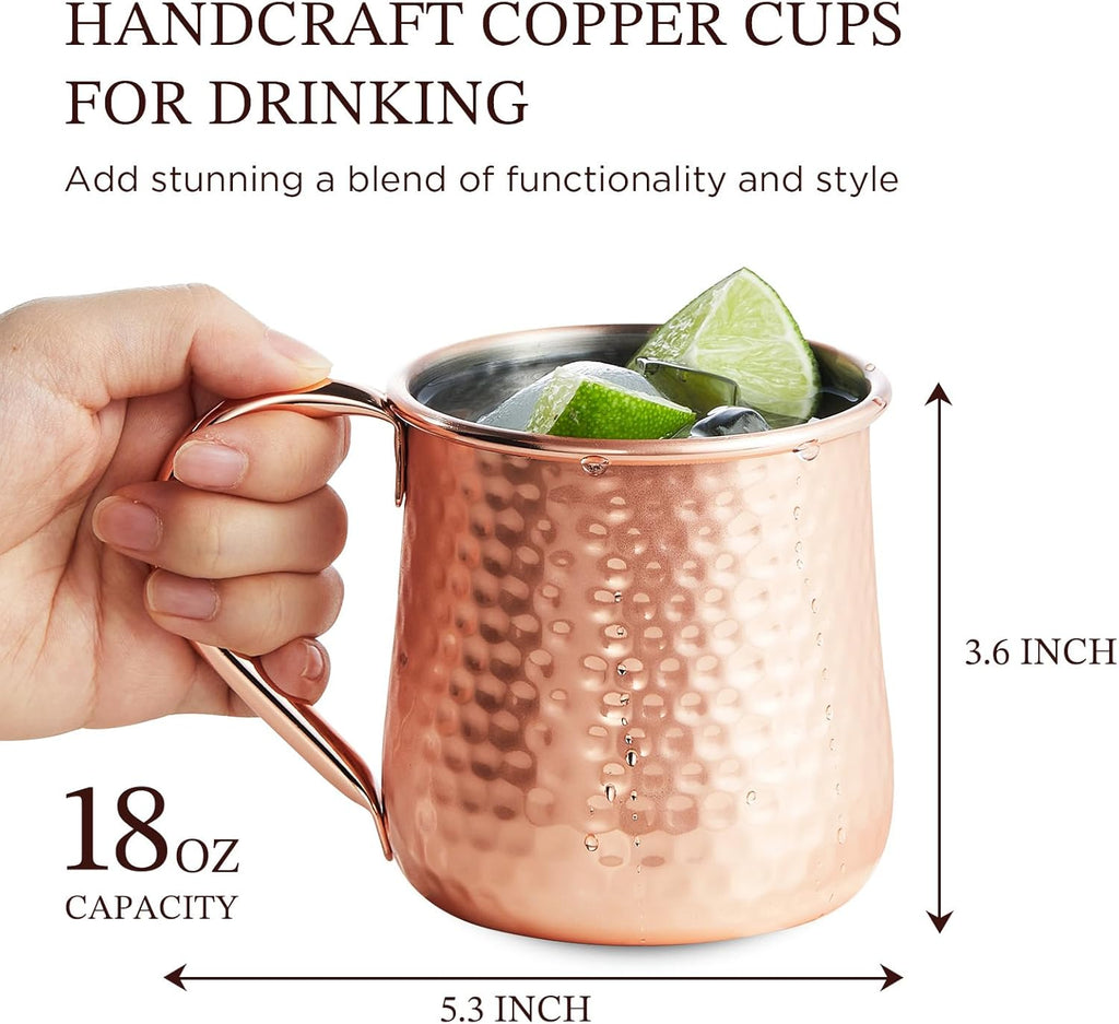 KITESSENSU Moscow Mule Mugs Set of 2 | 18 oz Hammered Copper Mule Mugs with Straws Keep Cocktails Well-Chilled, Copper Cups for Drinking Cocktails, 18/8 Stainless Steel Lined & Dishwasher Safe Barware