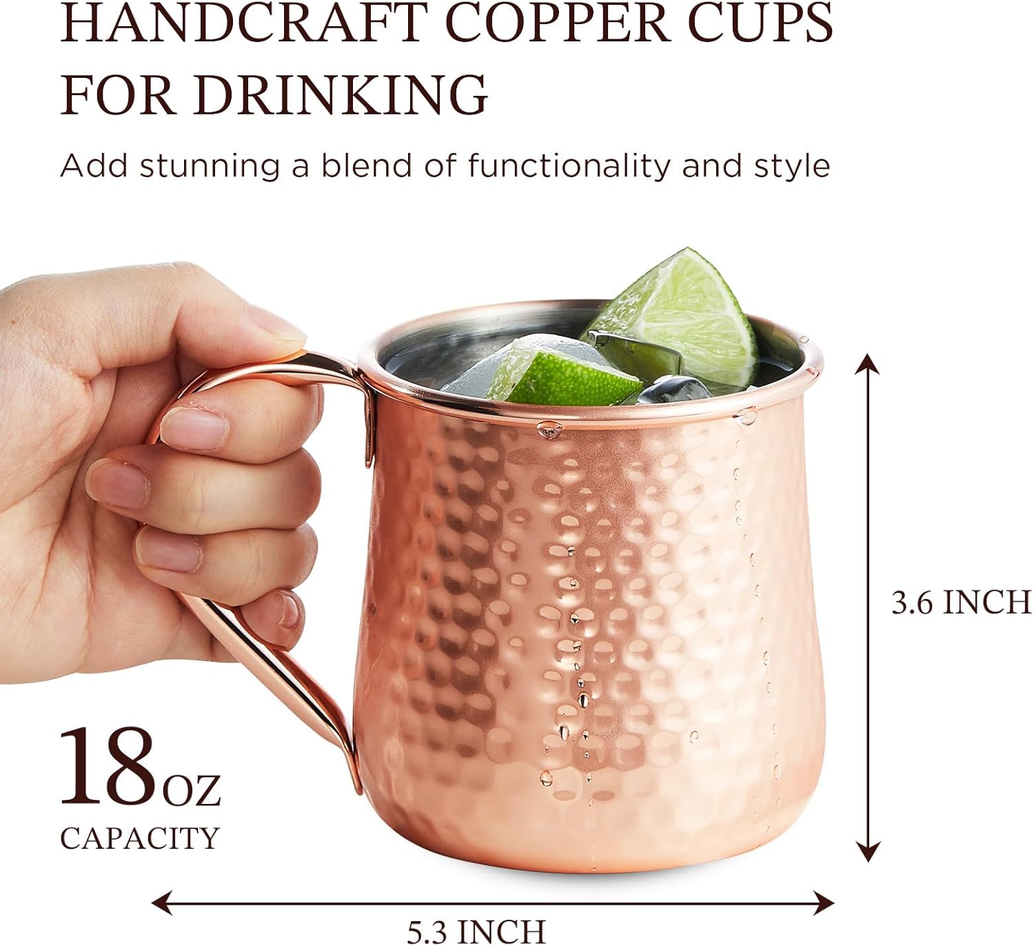 KITESSENSU Moscow Mule Mugs Set of 2 | 18 oz Hammered Copper Mule Mugs with Straws Keep Cocktails Well-Chilled, Copper Cups for Drinking Cocktails, 18/8 Stainless Steel Lined & Dishwasher Safe Barware