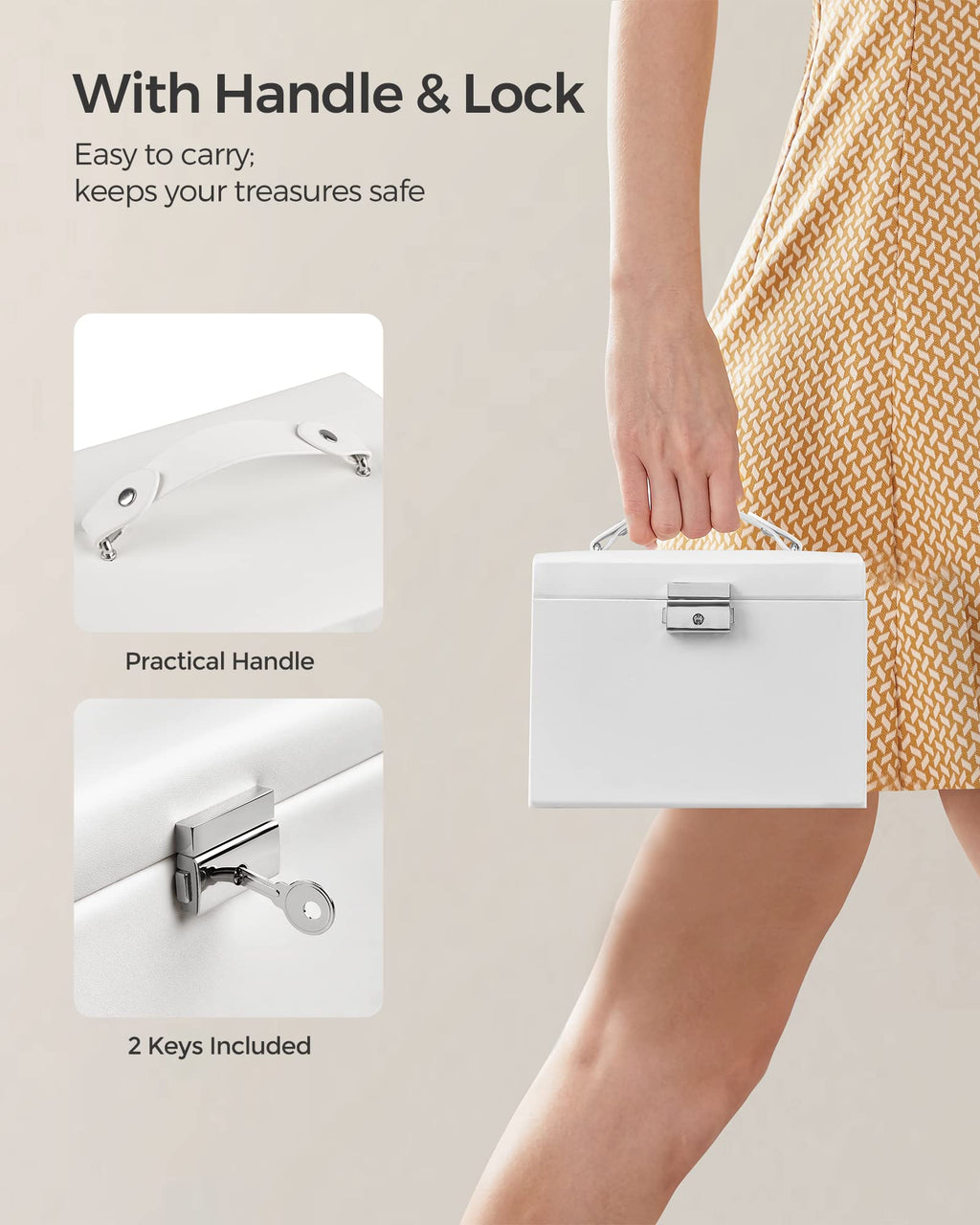 SONGMICS 3-Tier Jewelry Box, Travel Jewelry Case with Handle, 2 Drawers, Lockable Jewelry Organizer with Mirror, Jewelry Storage, Modern Style, Gift for Loved Ones, White UJBC154W01