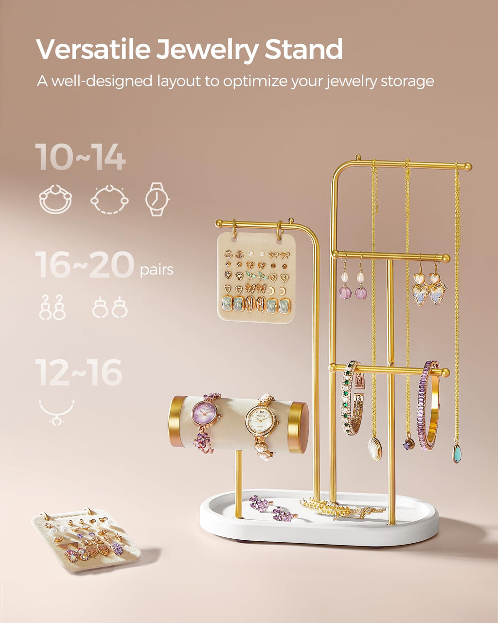 SONGMICS Jewelry Stand, Jewelry Organizer, Jewelry Display Holder with Metal Frame, 2 Earring Boards, 4 Hanging Rods, Necklace Earring Bracelet Holder, for Watches, Metallic Gold UJJS025A01