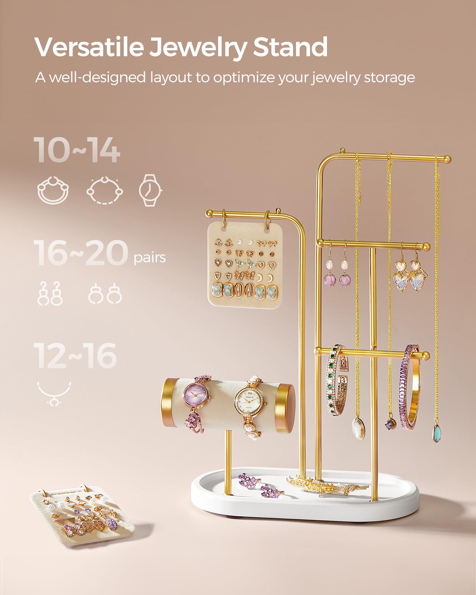 SONGMICS Jewelry Stand, Jewelry Organizer, Jewelry Display Holder with Metal Frame, 2 Earring Boards, 4 Hanging Rods, Necklace Earring Bracelet Holder, for Watches, Metallic Gold UJJS025A01