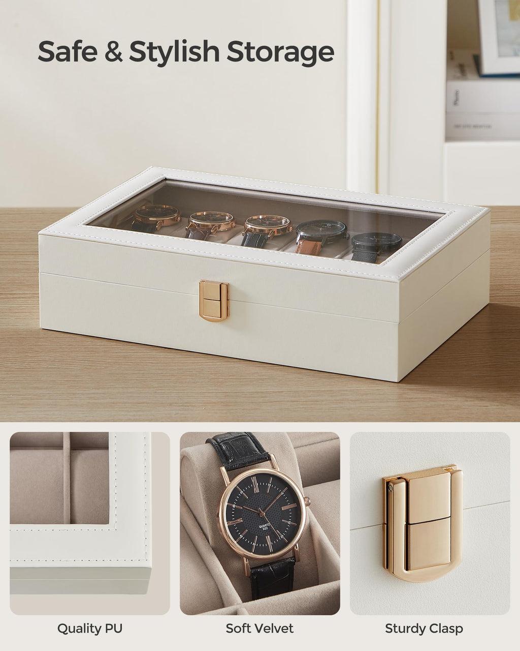 SONGMICS Watch Box, 12-Slot Watch Case Organizer with Large Glass Lid, Removable Pillows, Gift for Loved Ones, Black Synthetic Leather, Gray Lining UJWB12BK