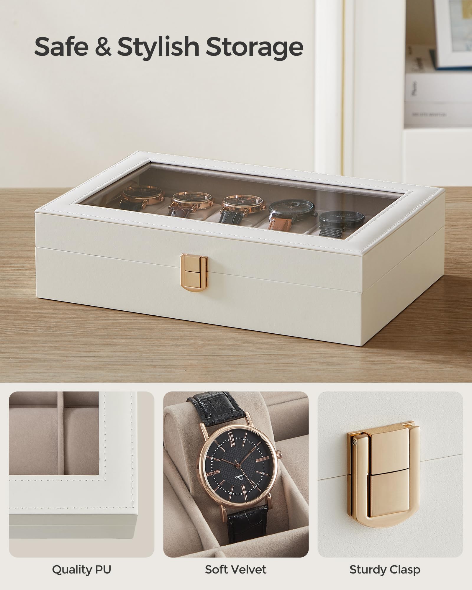 SONGMICS Watch Box, 12-Slot Watch Case Organizer with Large Glass Lid, Removable Pillows, Gift for Loved Ones, Black Synthetic Leather, Gray Lining UJWB12BK