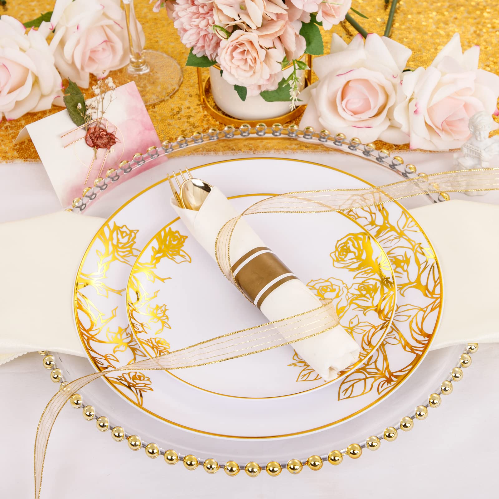 DaYammi 210Pcs White Gold Plastic Plates for Party,Gold Disposable Dinnerware Set Includes 60 gold Floral Plates,30 Plastic Silverware,30 Per Rolled Napkins,30 Cups for Mother's Day Party Wedding