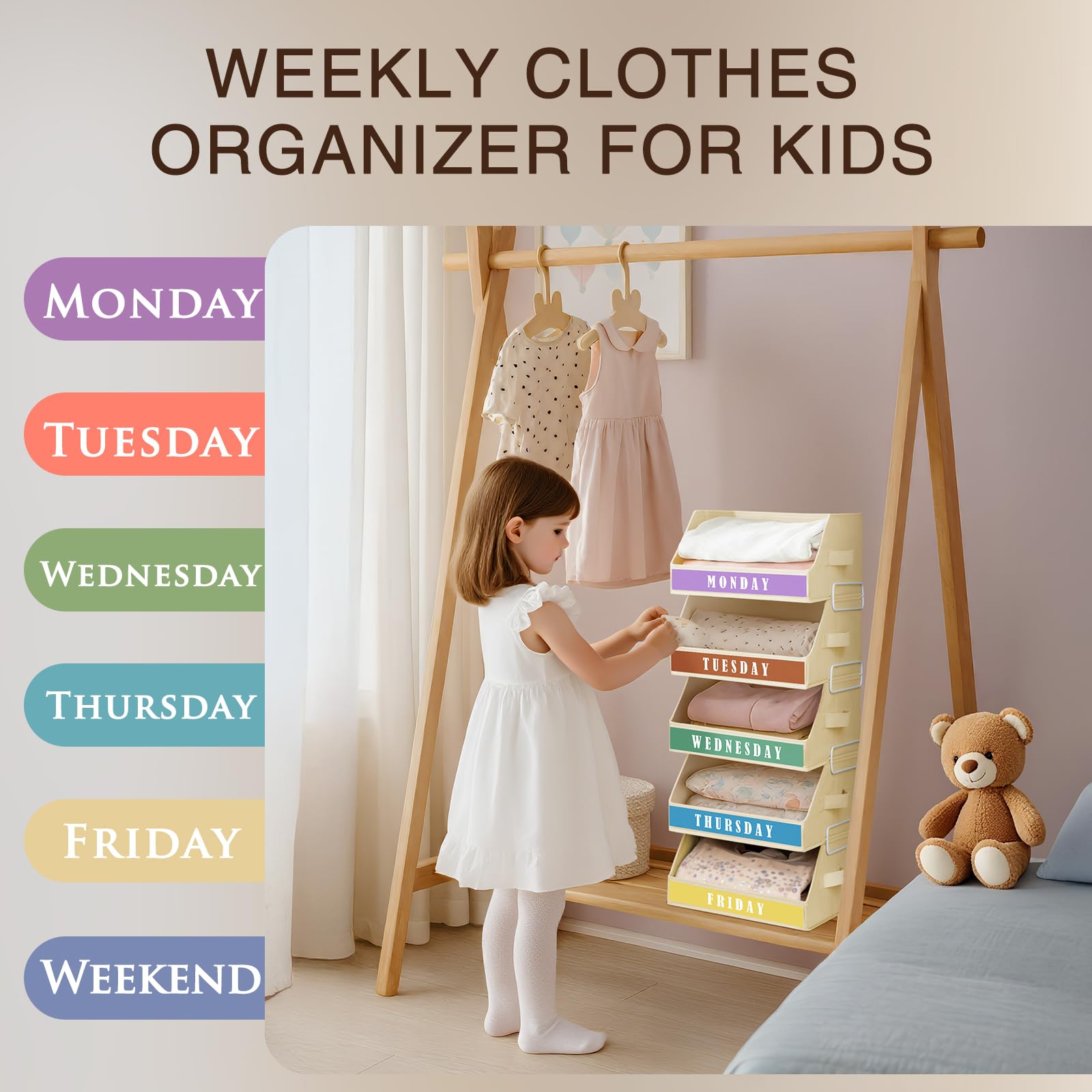 Homsorout Closet Organizers and Storage - 5 Tier Shelf Organizer with Weekly Labels, Stackable Storage Bins with Metal Frame, Foldable Cube Bins, Home Baskets for Kids and Adults, Beige