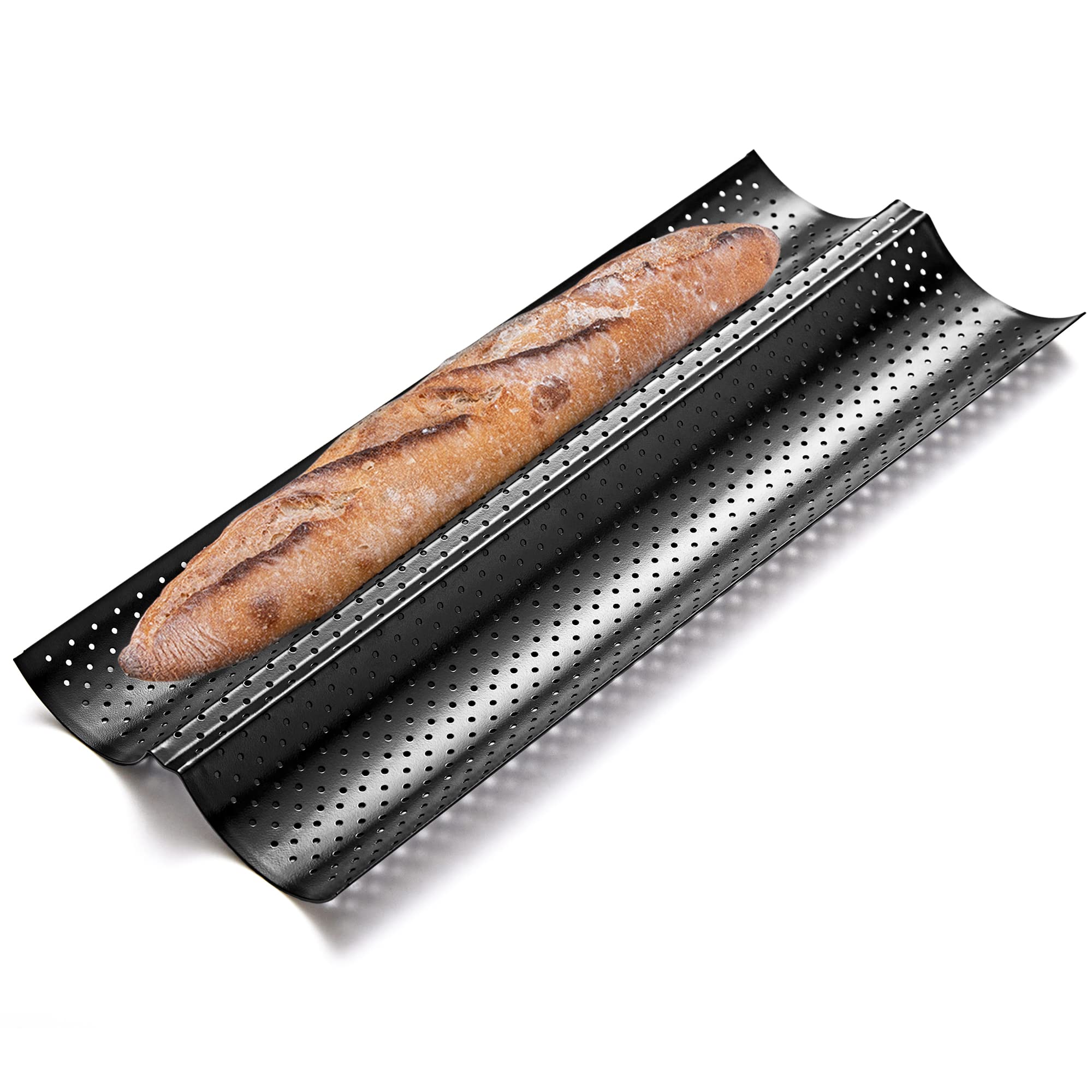 KITESSENSU Nonstick Baguette Pans for French Bread Baking, Perforated 2 Loaves Baguettes Bakery Tray, 15" x 6.3", Silver