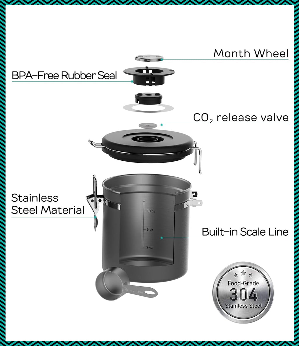 Coffee Gator Stainless Steel Canister - Medium 16oz, Gray Coffee Grounds and Beans Container with Date-Tracker, CO2-Release Valve, and Measuring Scoop - Ideal Coffee Lovers Gifts