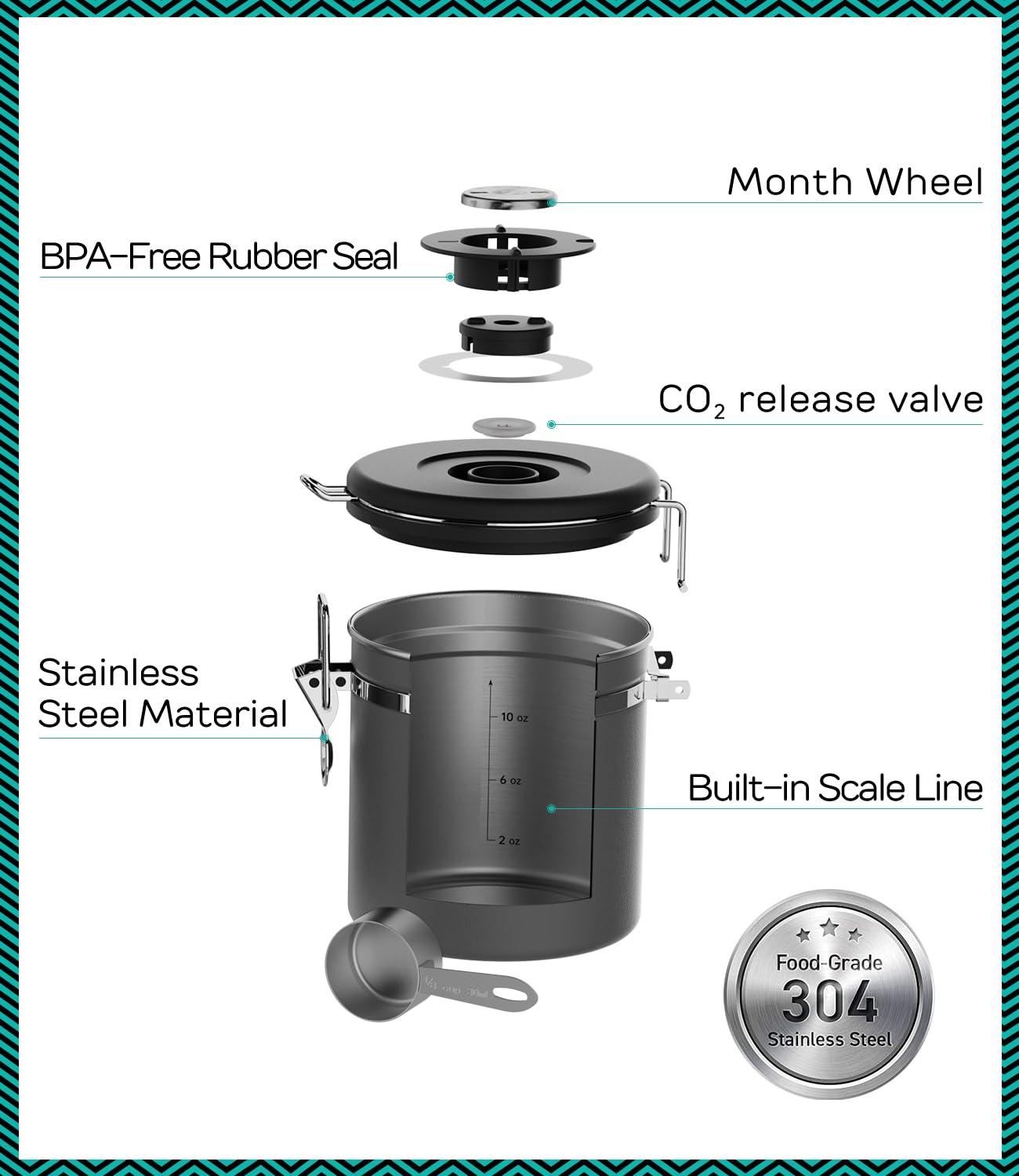 Coffee Gator Stainless Steel Canister - Medium 16oz, Gray Coffee Grounds and Beans Container with Date-Tracker, CO2-Release Valve, and Measuring Scoop - Ideal Coffee Lovers Gifts