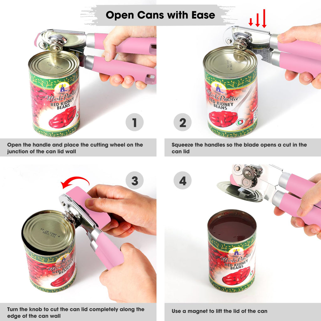 Beneno Heavy Duty Hand Can Opener Manual with Magnet, Durable Sharp Carbon Steel Blade Smooth Cutting, Big Effort-Saving Knob & Soft Grip Handle, Multifunctional Kitchen Tool with Bottle Opener, Green