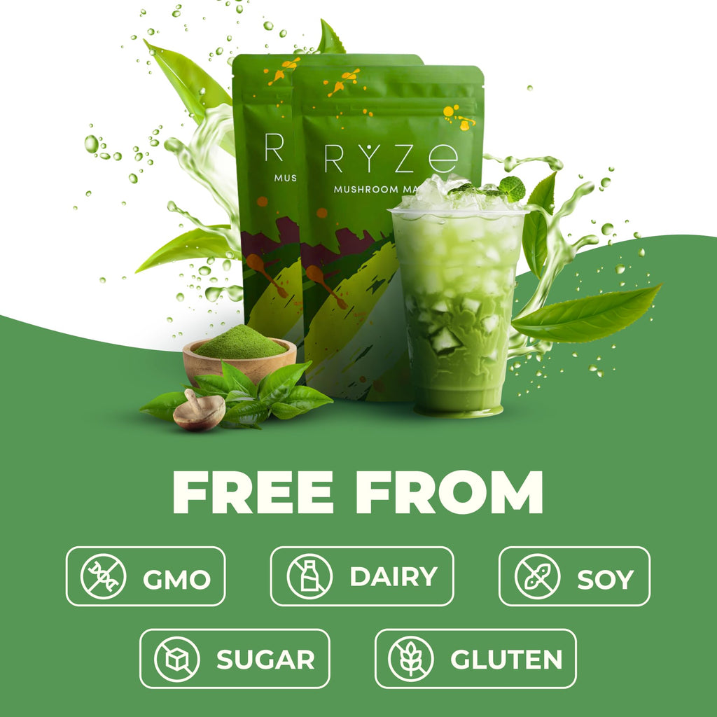 RYZE SUPERFOODS Mushroom Matcha Starter Kit, USDA Organic with 6 Adaptogenic Mushrooms and Ceremonial-Grade Matcha, Energy, Focus, Digestion, Immunity with Turkey Tail, Shiitake, Reishi (Matcha (Pack of 1))