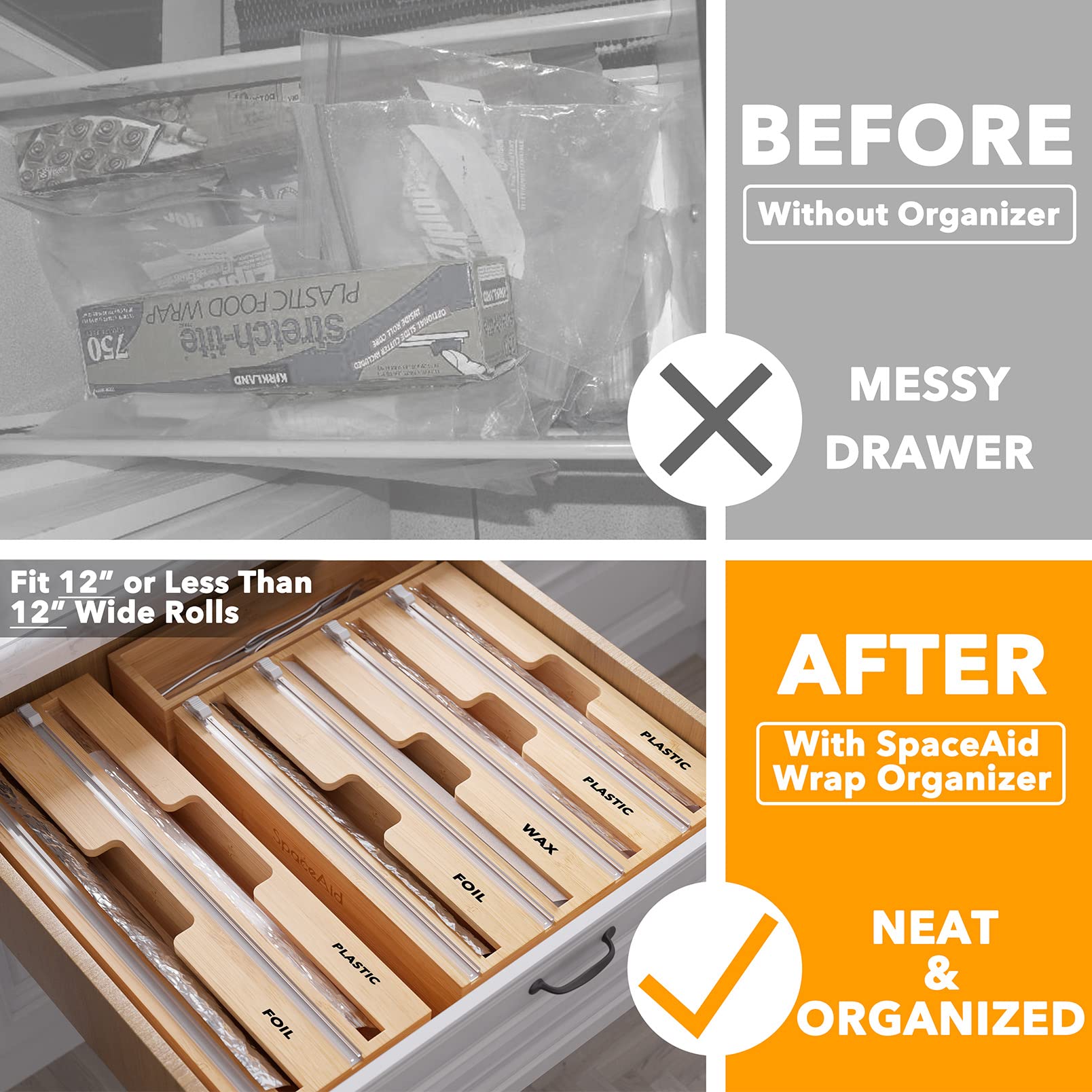 SpaceAid WrapNeat 3 in 1 Wrap Organizer with Cutter and Labels, Plastic Wrap, Aluminum Foil and Wax Bamboo Dispenser for Kitchen Storage Organization Holder for 12" Roll (Natural)