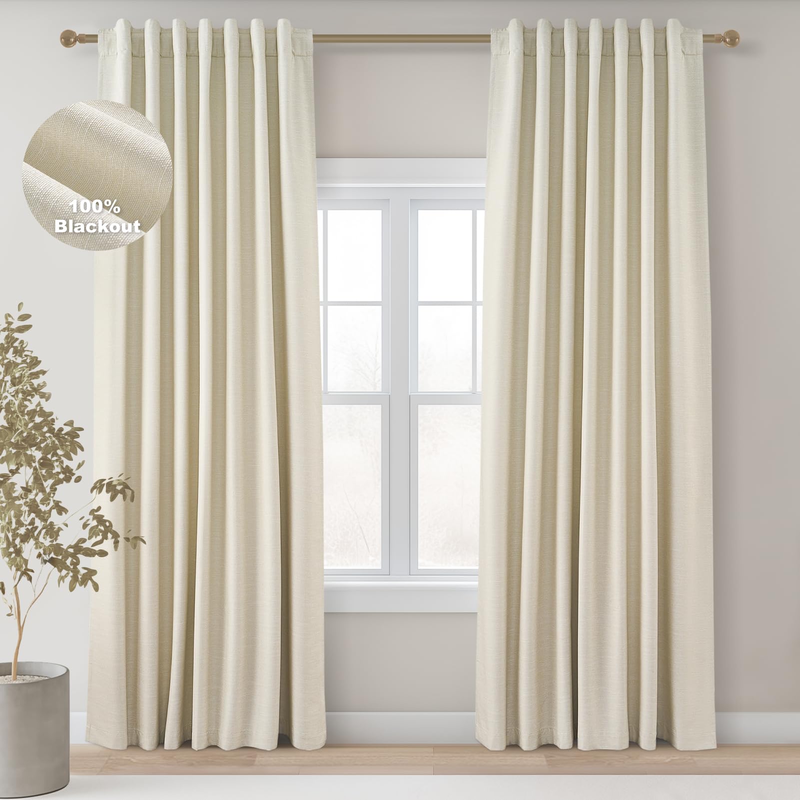 Topfinel Cream Linen Blackout Curtains 84 Inch Long for Bedroom Living Room, Ivory Pinch Pleat Back Tab Full Blackout Drapes Farmhouse Boho Curtains for Window, White Neutral Curtains 52" X 84" 7 FT