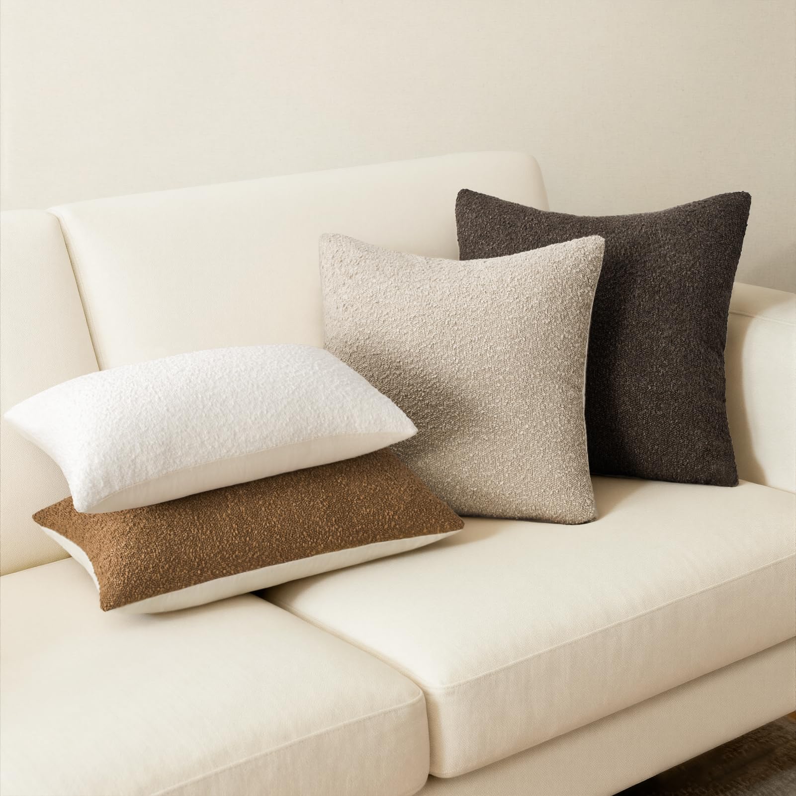 Topfinel Boucle Decorative Pillow Covers 18x18 Inches Set of 4 Neutral Cream Ivory White Pillowcase with Linen Cotton Back Chair Sofa Modern & Minimal Living Room Spring Home Decor