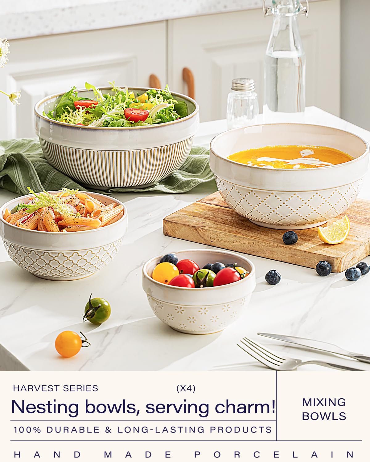 getstar Ceramic Soup Bowls, Cereal Bowl Set of 4 with Assorted Embossment (6.1 inch & 30 oz), Farmhouse Vintage Color Bowls for Kitchen
