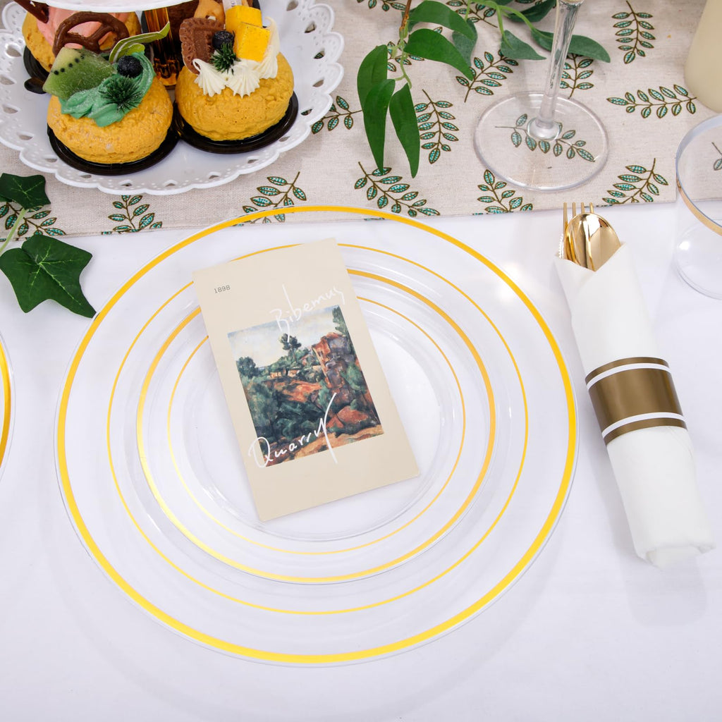 DaYammi 350PCS Gold Plastic Dinnerware Set for 50 Guests, Fancy Disposable Plates for Party, Include: 50 Dinner Plates, 50 Dessert Plates, 50 Pre Rolled Napkins with Gold Silverware, 50 Cups