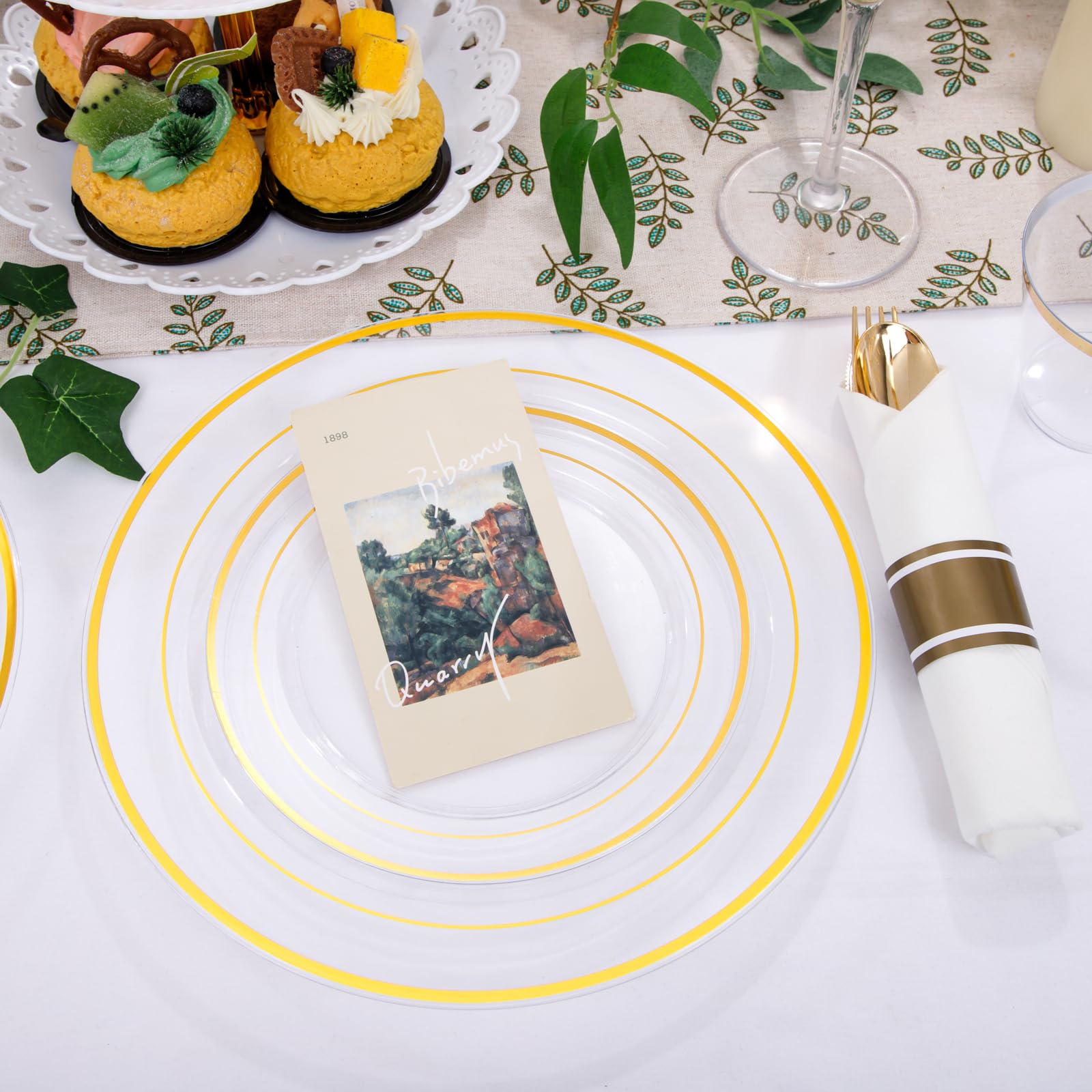 DaYammi 350PCS Gold Plastic Dinnerware Set for 50 Guests, Fancy Disposable Plates for Party, Include: 50 Dinner Plates, 50 Dessert Plates, 50 Pre Rolled Napkins with Gold Silverware, 50 Cups