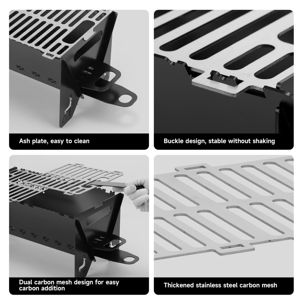 WILLBBQ Charcoal Grills Quality Portable Detachable Folding,Skewers Campfire Grill,Hibachi Backpacking BBQ Grill,Easy Portability For Outdoor Barbecues Camping Picnics Garden Party(15.8x8.5x7.5 inch)