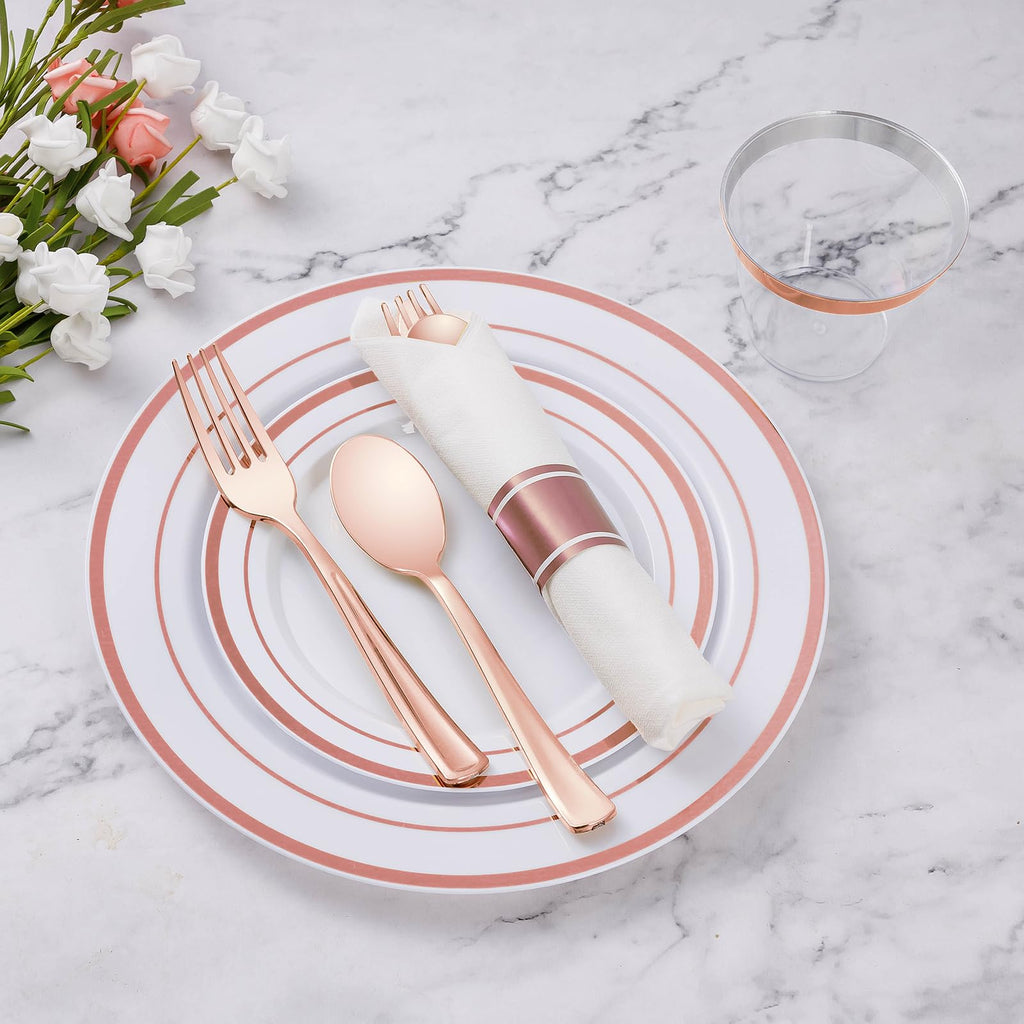 Goodluck 350 Piece Silver Plastic Dinnerware Set for 50 Guests, Fancy Disposable Plates for Party, Include: 50 Dinner Plates, 50 Dessert Plates, 50 Pre Rolled Napkins with Silver Silverware, 50 Cups