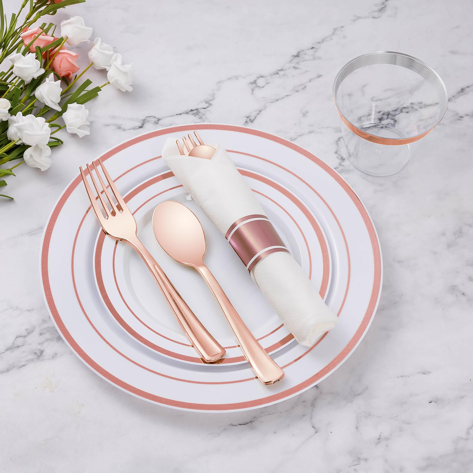 Goodluck 350 Piece Silver Plastic Dinnerware Set for 50 Guests, Fancy Disposable Plates for Party, Include: 50 Dinner Plates, 50 Dessert Plates, 50 Pre Rolled Napkins with Silver Silverware, 50 Cups