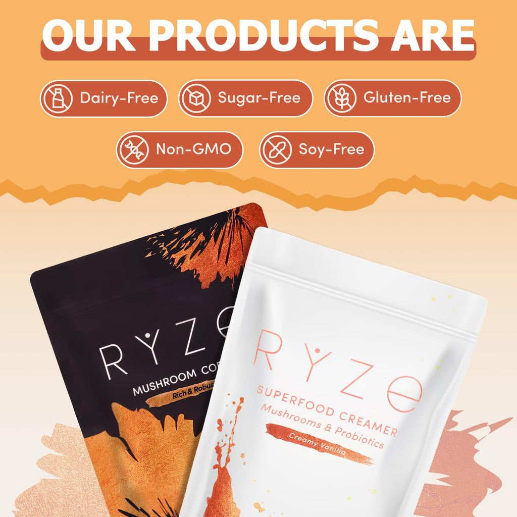 RYZE SUPERFOODS Mushroom Medium Roast Coffee Starter Kit, USDA Organic Instant Coffee with 6 Adaptogenic Mushrooms and for Energy, Focus, Digestion, Immunity with Lions Mane & Turkey Tail 60 Serving