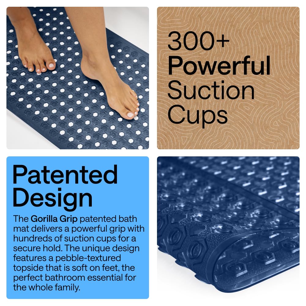 GORILLA GRIP Patented Bath Tub Shower Mat, Machine Washable Bathtub Floor Liner Mats, Suction Cups and Drain Holes to Keep Tubs Clean, Soft on Feet, Bathroom Essentials, 35x16 Inch, Clear