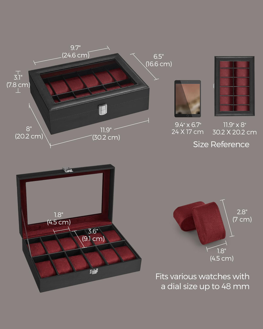 SONGMICS Watch Box, 12-Slot Watch Case Organizer with Large Glass Lid, Removable Pillows, Gift for Loved Ones, Black Synthetic Leather, Gray Lining UJWB12BK