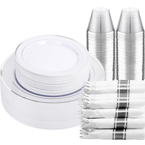 DaYammi 350PCS Gold Plastic Dinnerware Set for 50 Guests, Fancy Disposable Plates for Party, Include: 50 Dinner Plates, 50 Dessert Plates, 50 Pre Rolled Napkins with Gold Silverware, 50 Cups