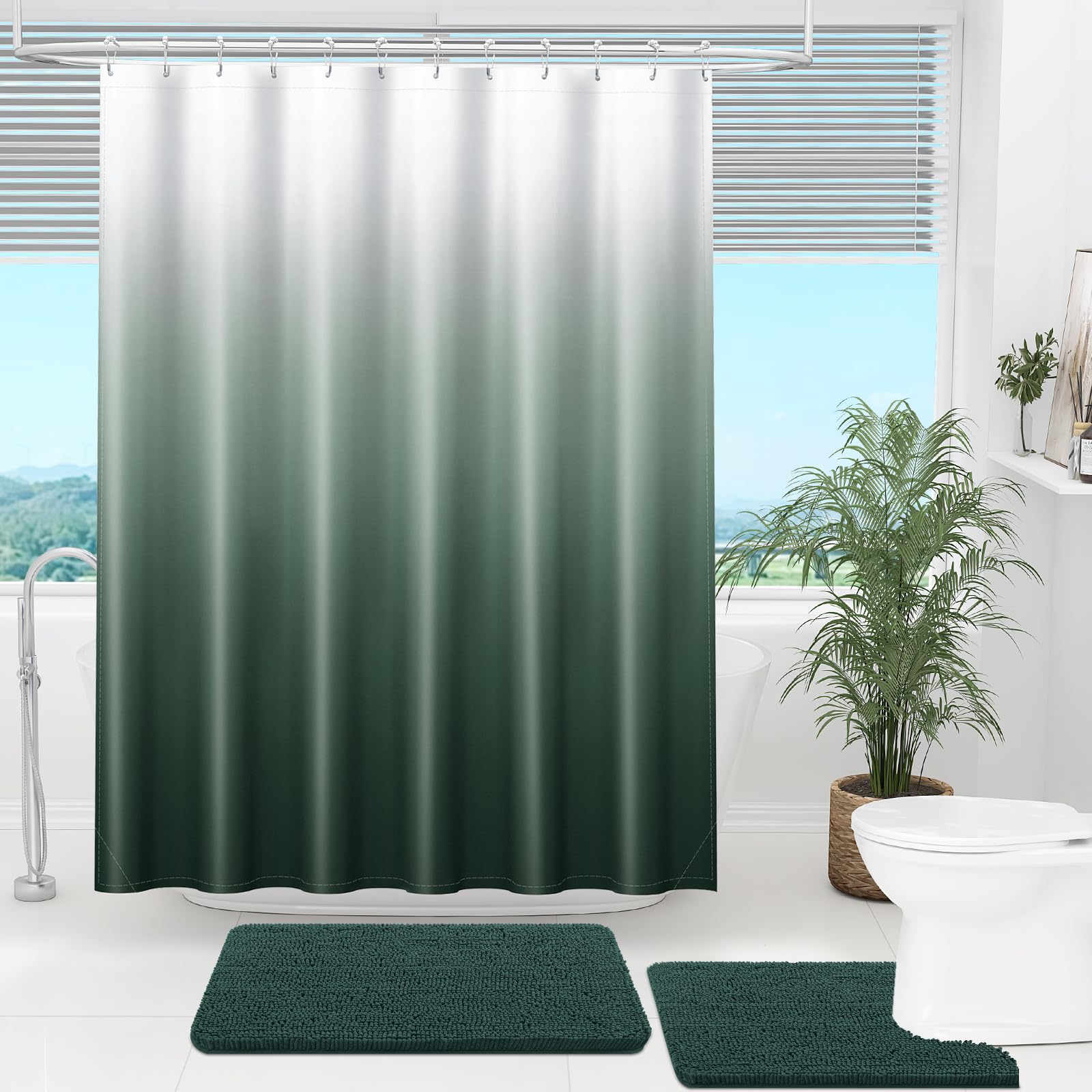 OLANLY Luxury Black and Grey Ombre Shower Curtain Sets with 12 Hooks, Waterproof and Washable Decorative Shower Curtains for Bathroom, 72x72 Inches