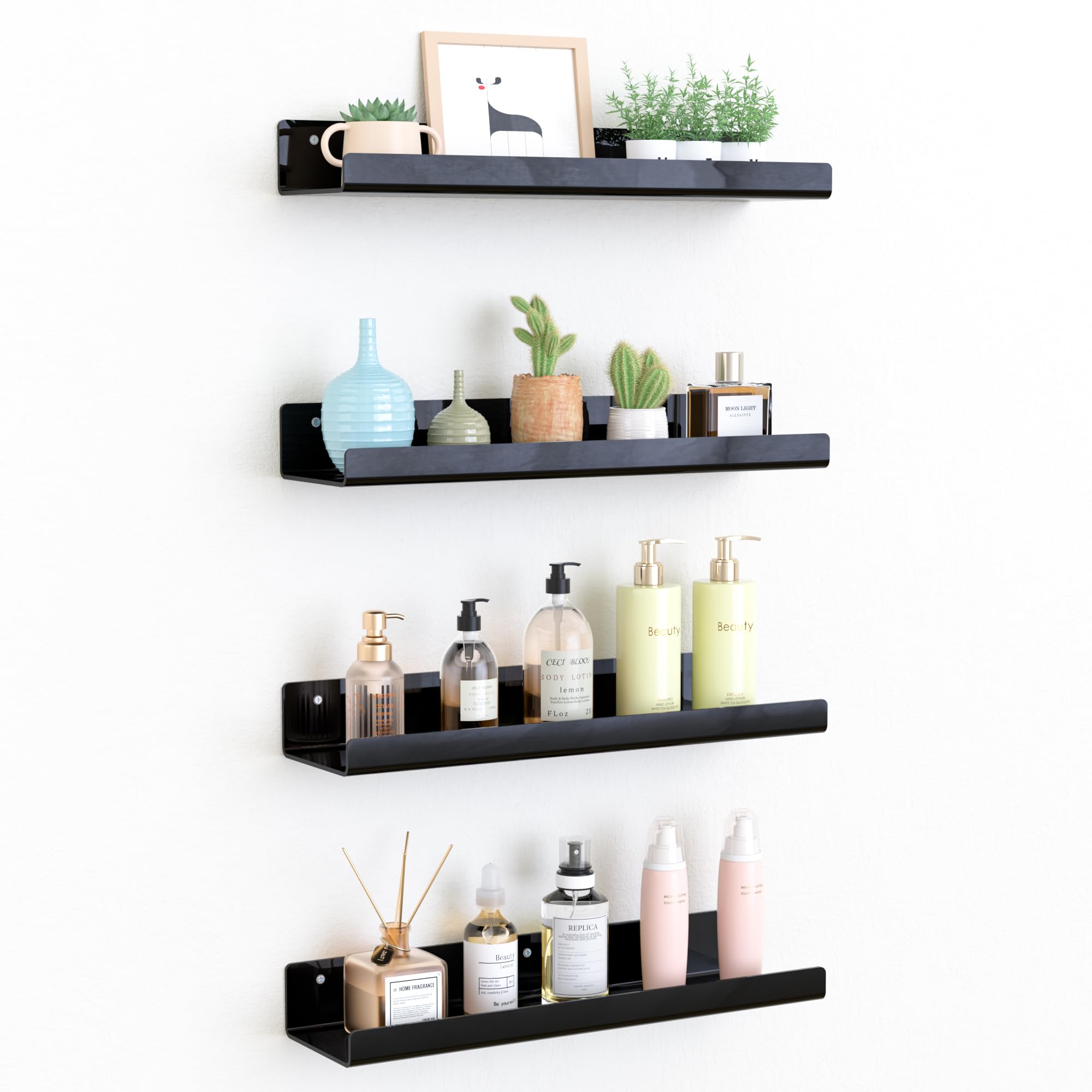 upsimples Acrylic Shelves for Bathroom Storage, 15" Floating Shelves Wall Organizer for Perfume, Make up, Skincare, Kids Bookshelf for Bedroom, Nursery, Living Room Decor, Clear, 4 Pack