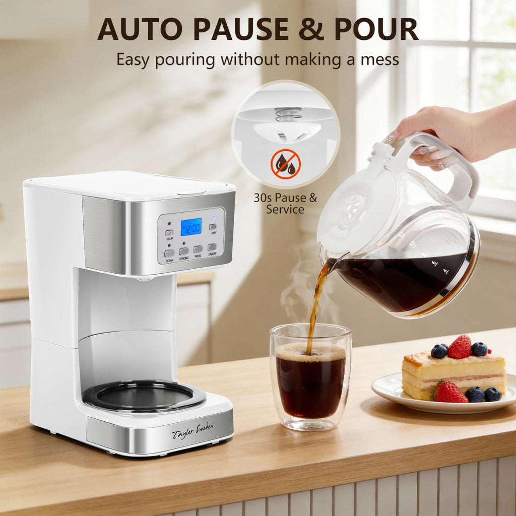 Taylor Swoden 12-Cup Programmable Coffee Maker, Regular & Strong Brew Drip Coffee Machine for Home and Office, Glass Carafe, Pause & Serve, Auto Shut Off, Black & Stainless Steel